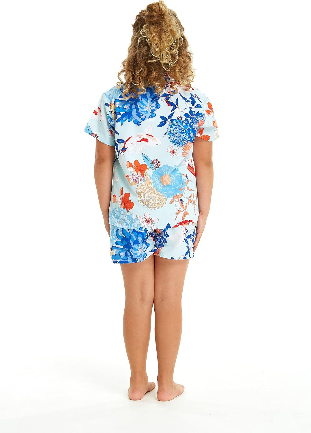 Matching Hawaiian Luau Sibling Boy Girl Romper Jumpsuit Aloha Shirt in Flowering Koi Blue
