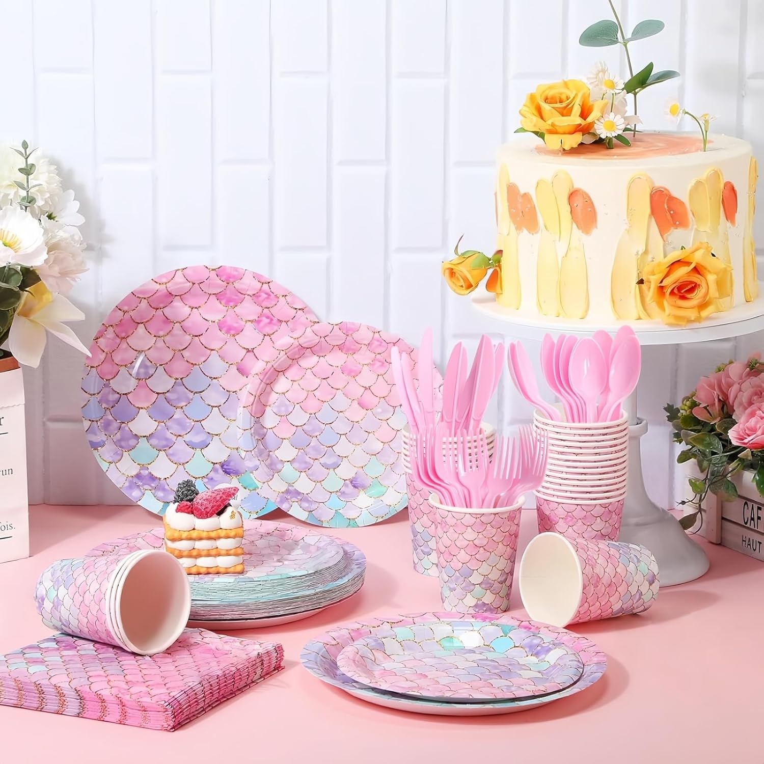Askljeby 168 Pcs Mermaid Birthday Party Decorations Plates Set for 24 Guests, Little Mermaid Party Supplies Ocean under the Sea Party Plate Napkins Knives Forks Spoons Cups for Princess Girls