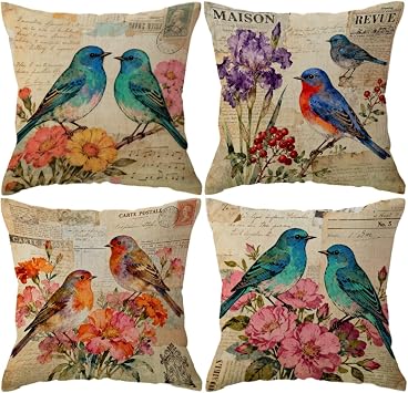 Rustic Birds Throw Pillowcases 4Pack Nature Botanical Theme with Floral Decorative Cushion Cover Farmhouse Shabby Chic Pillow Covers for Sofa Couch Porch 18 x 18 InchesBlue-green