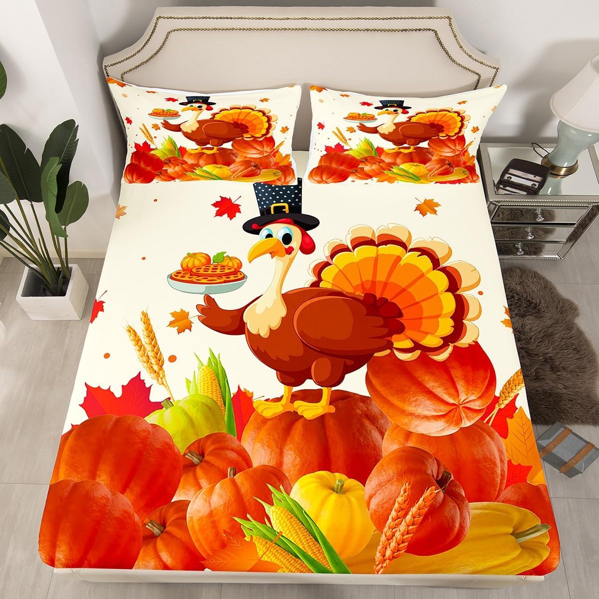 Fall Pumpkin Fitted Sheet Sunflowers Geometric Plaid Bedding Set for Boys Girls Rustic Farmhouse Bed Sheet Set Breathable Maple Leaves Bed Cover Room Decor Twin Size