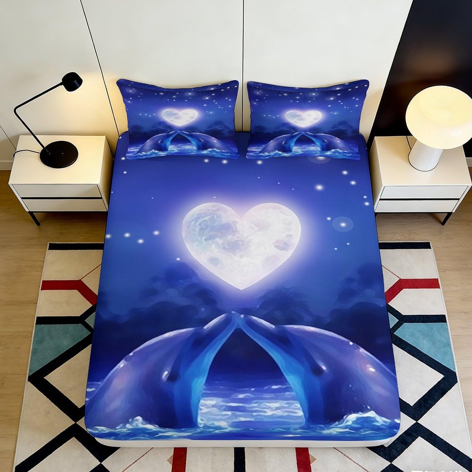 3D Printed Moon Heart Dolphin Fitted Sheet Microfiber Soft Anti-Slip Bed Cover for Bedroom Dorm Mattress Protection Decor 200x200x25cm