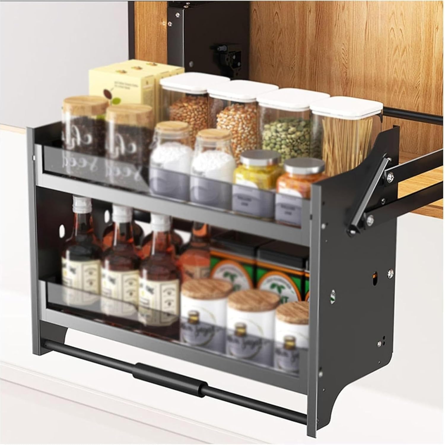 Home Pull Down Kitchen Shelf, 2 Tier Wall Cabinet Storage Lifting Basket, Stainless Steel Wall Cabinet Storage Rack for Seasoning Bottles-560x280x530mm