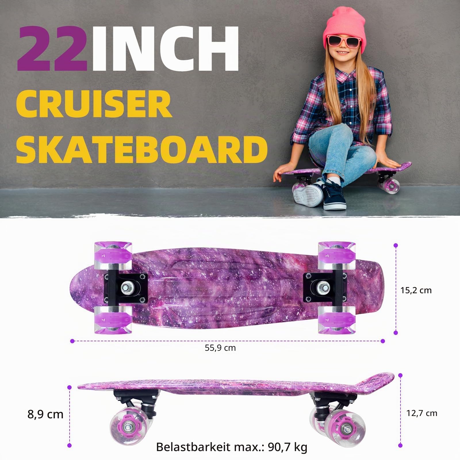 Nattork Skateboards 22 Inch Mini Cruiser Purple Skateboard Complete Retro Skate Boards with Colorful Light Up PU Wheels for Kids Girls Boys Beginners