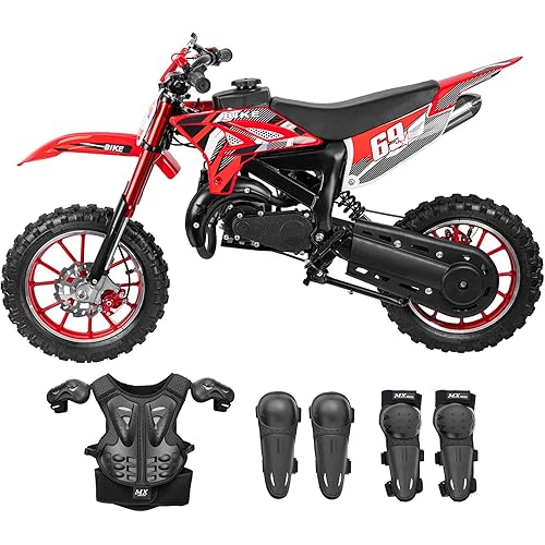 Kids Gas Dirt Bike, 50CC Mini Motorbike, 2-Stroke Engine with Pull Start, Front Inverted Fork Suspension, Rear Shock Absorber, Disc Brakes Safety System, Youth Pit Bike, RED, with Protection