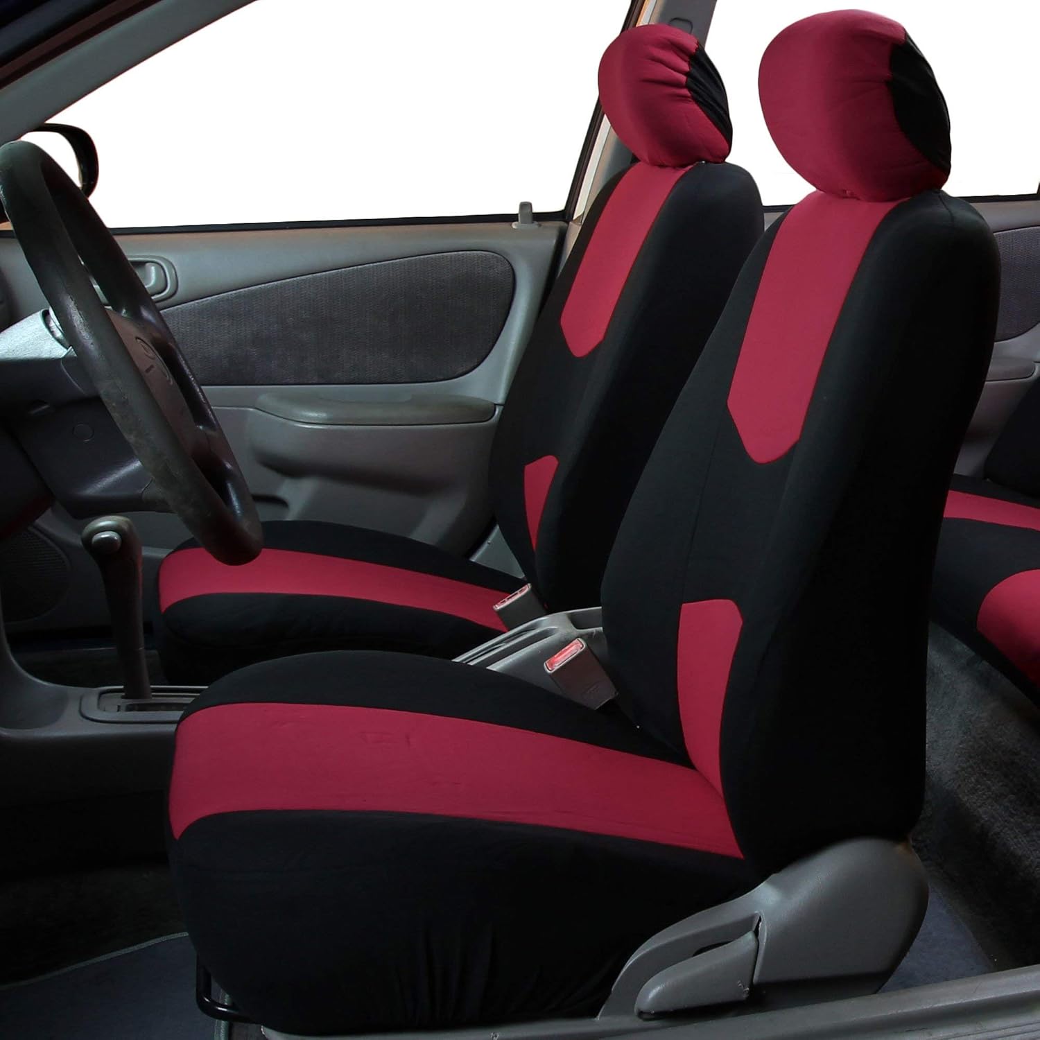 FH Group Car Seat Covers Flat Cloth Front Seats Only Burgundy Automotive Seat Cover, Airbag Compatible Universal Fit Interior Accessories Cars Trucks SUV Combo Steering Wheel Cover & Seat Belt Pads