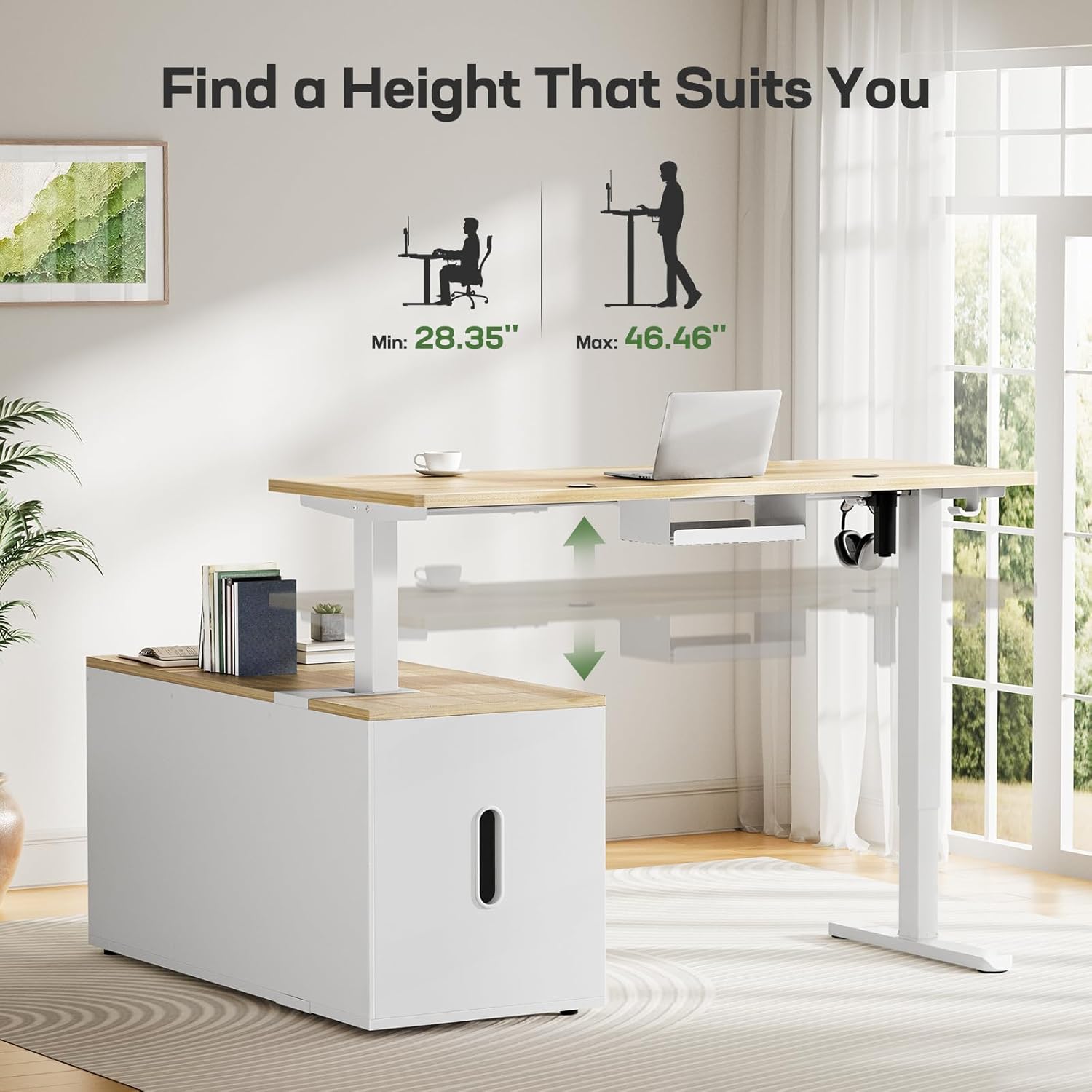 Marsail L-Shaped Executive Standing Desk with File Cabinet, 55" x 24" Electric Height Adjustable Stand up Desk, One-Whole Piece Desktop, Home Office Modern Computer Deskwith 4 Memory Presets