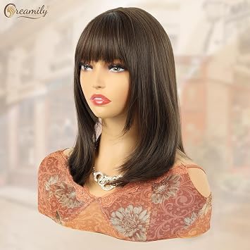 Creamily Brown Bob Wigs with Bangs for Women Short Shoulder Length Brown Wig with Fringe Natural Straight Syntheitc Hair Heat Resistant Wig Cosplay Party Daily Use 16 Inches