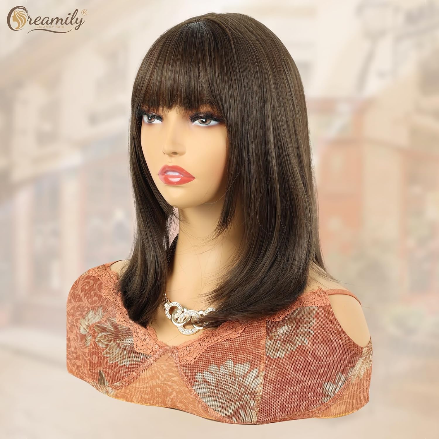 Creamily Brown Bob Wigs with Bangs for Women Short Shoulder Length Brown Wig with Fringe Natural Straight Syntheitc Hair Heat Resistant Wig Cosplay Party Daily Use 16 Inches - Image 4