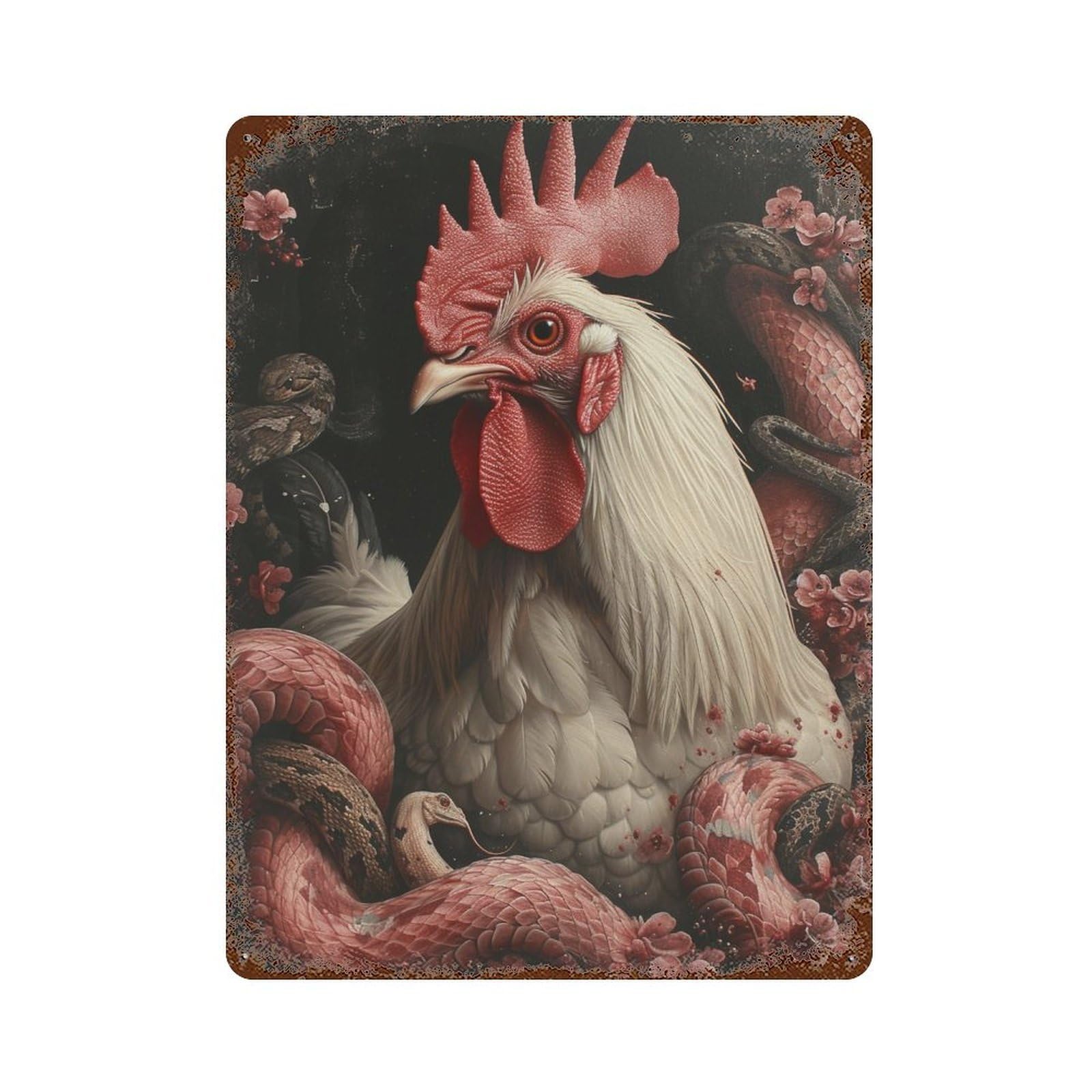 Rooster Surrounded by Snakes 15.7"x11.8" Aged Metal Wall Plaque, Novelty Wall Decor for Shed, Workshop And Garage Wall Decor
