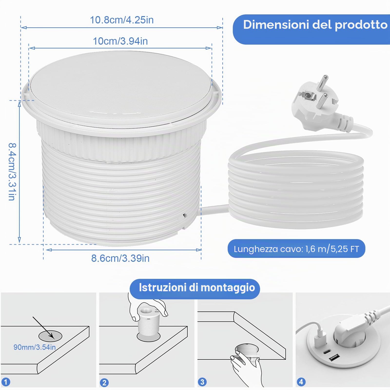 Presa da incasso con coperchio, presa da tavolo con 1 Schuko e 1 connettore USB-A e 1 connettore USB-C e cavo di alimentazione da 1,5 m, prese per foro da tavolo da 80 mm