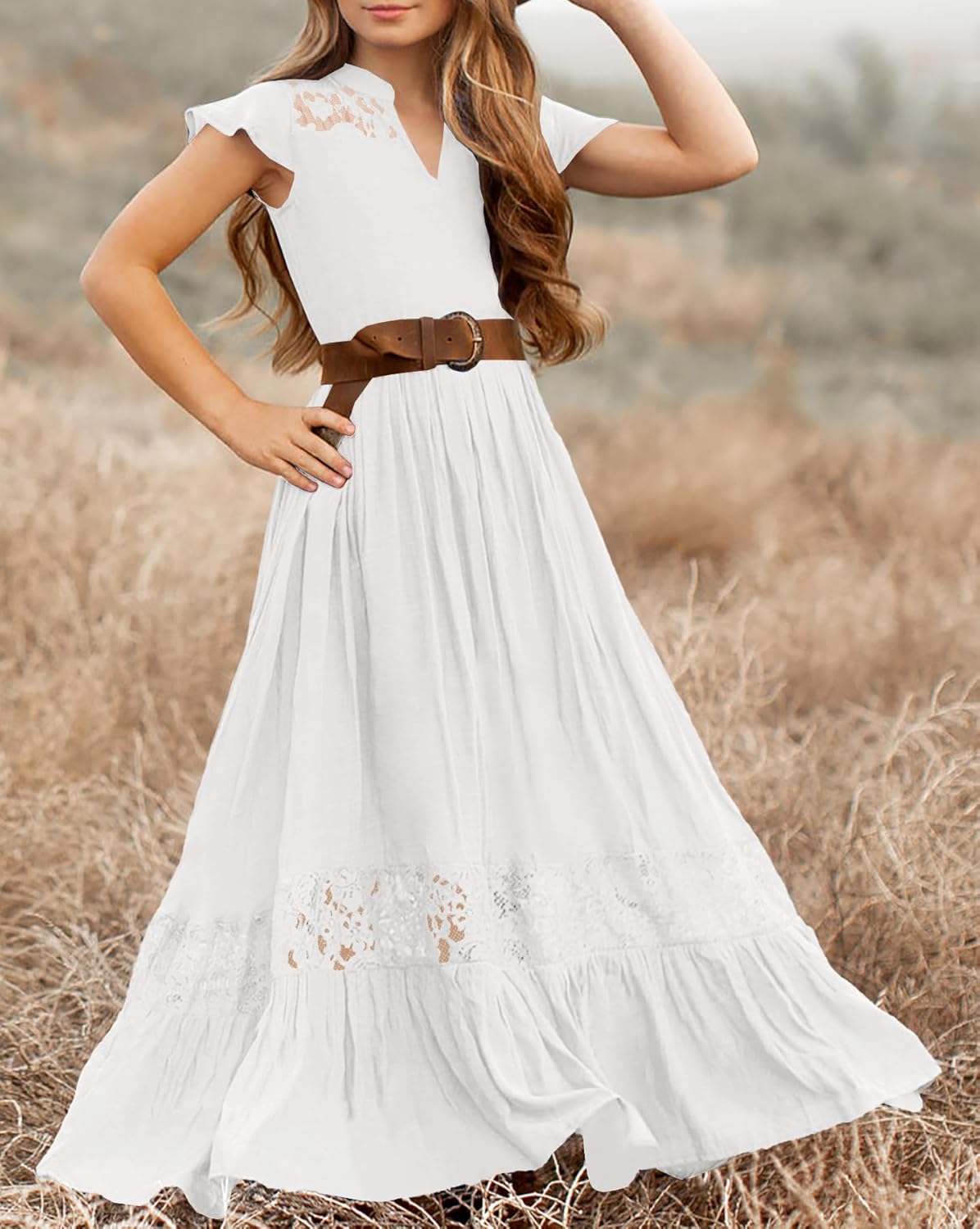 HOSIKA Girls Elegant Lace Ruffle Sleeve A-Line Formal Wedding Party Flower Girl Dress 6-12 Years - Image 4