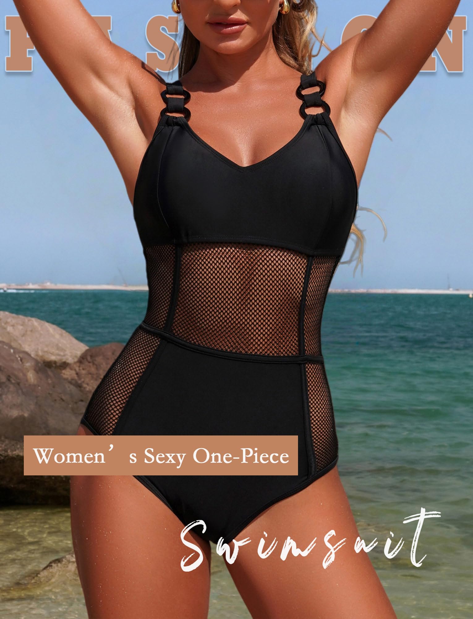 Maeau - Costume da bagno da donna sexy con scollo a V con scollo a V e pancia piatta in rete, push up, tuta da nuoto S-XL
