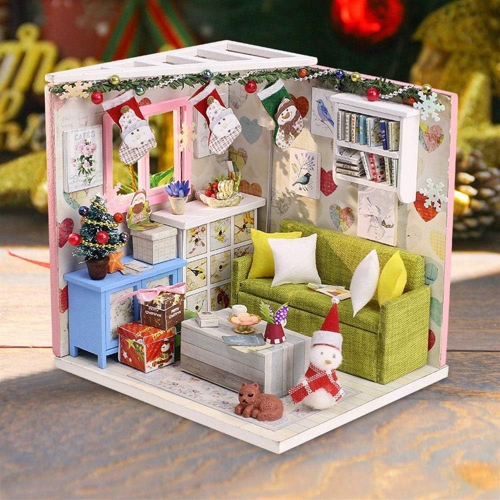 ドールハウスキット木製ミニチュアドールハウスキットキッズクリスマスギフト親子玩具付きLEDライトカバー 手作りキットセット