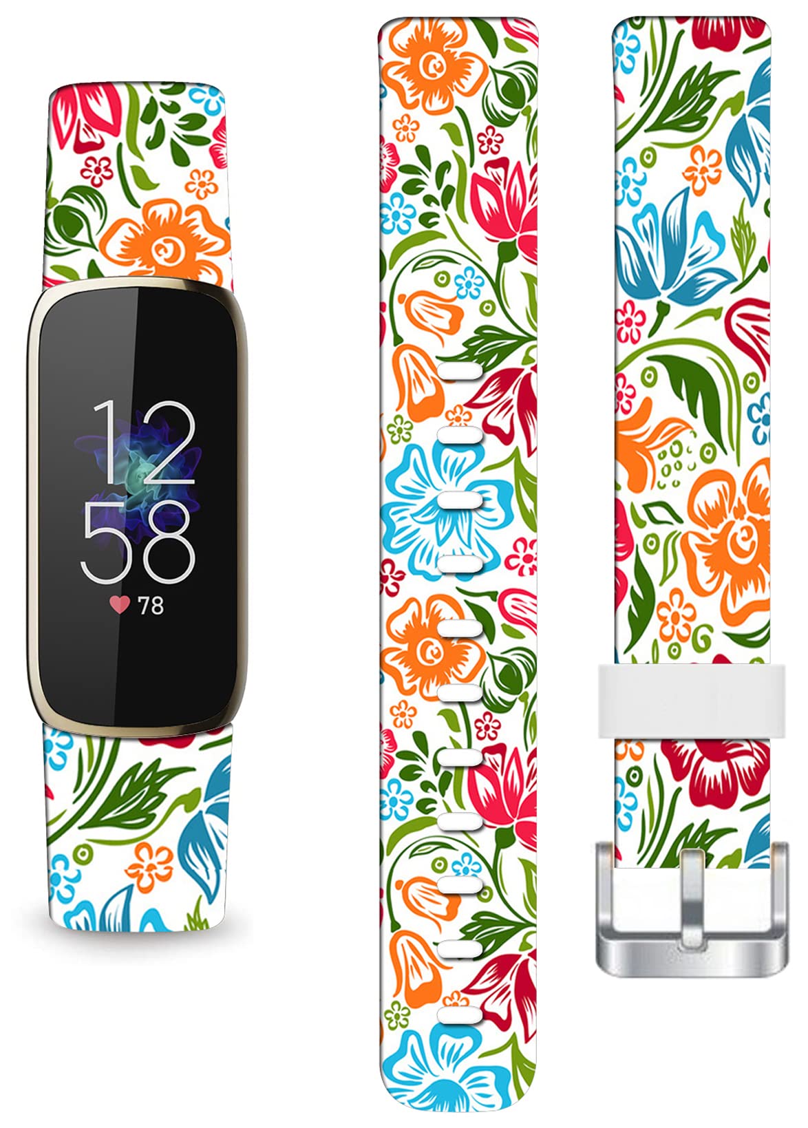 Luxe Bands Silicone for Women Designer Aesthetic Patterned Strap Compatible with Fitbit Luxe Lux 2021 Large - Colorful Group Floral