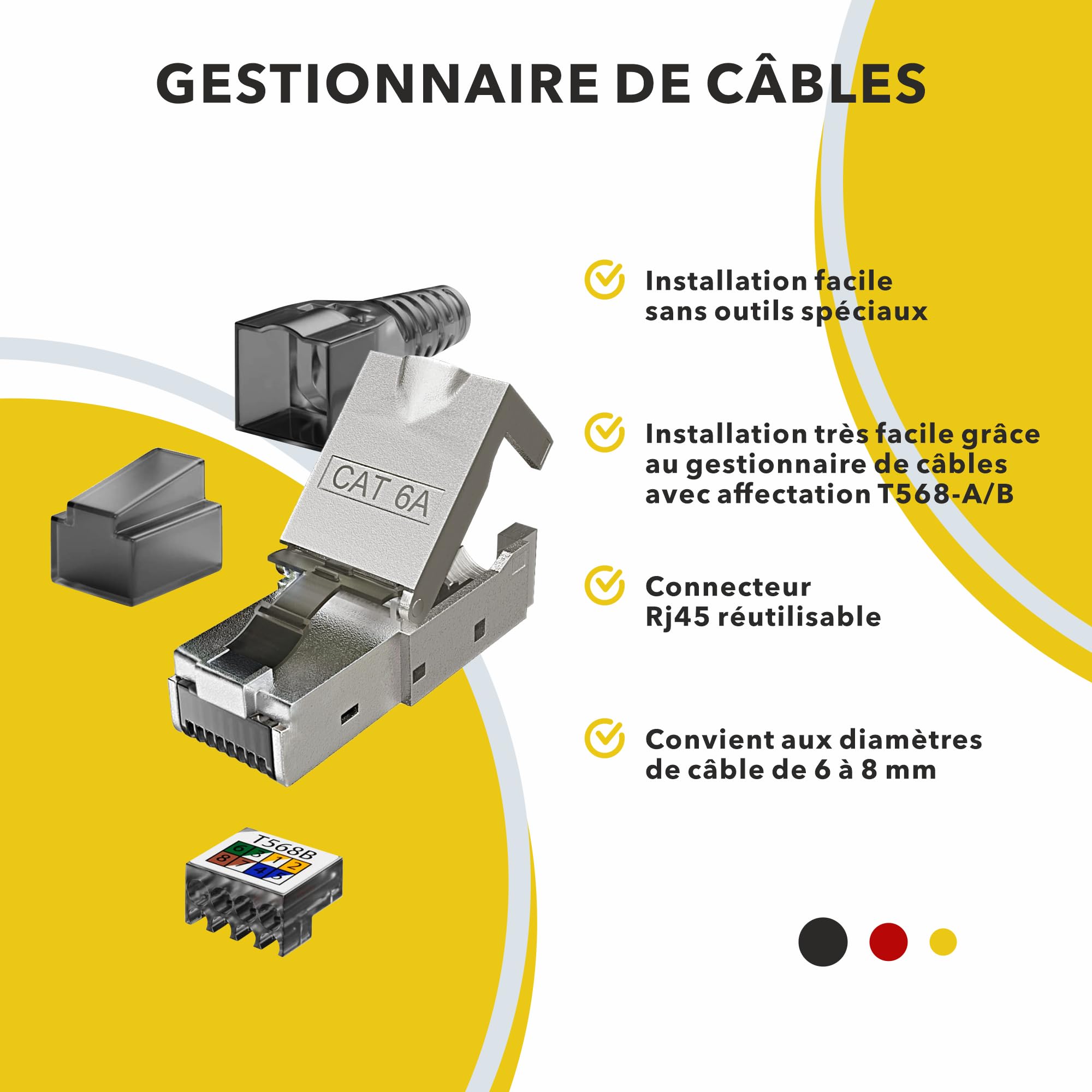 Connecteur RJ45 sans Outil Cat 6a Fiche Mâle Réseau 10Gbit/s Fiche à Sertir Blindée avec Connexion LSA pour câble ethernet Cat 7 Cat6a Cat6 8 pôles Plug | 6 pièces
