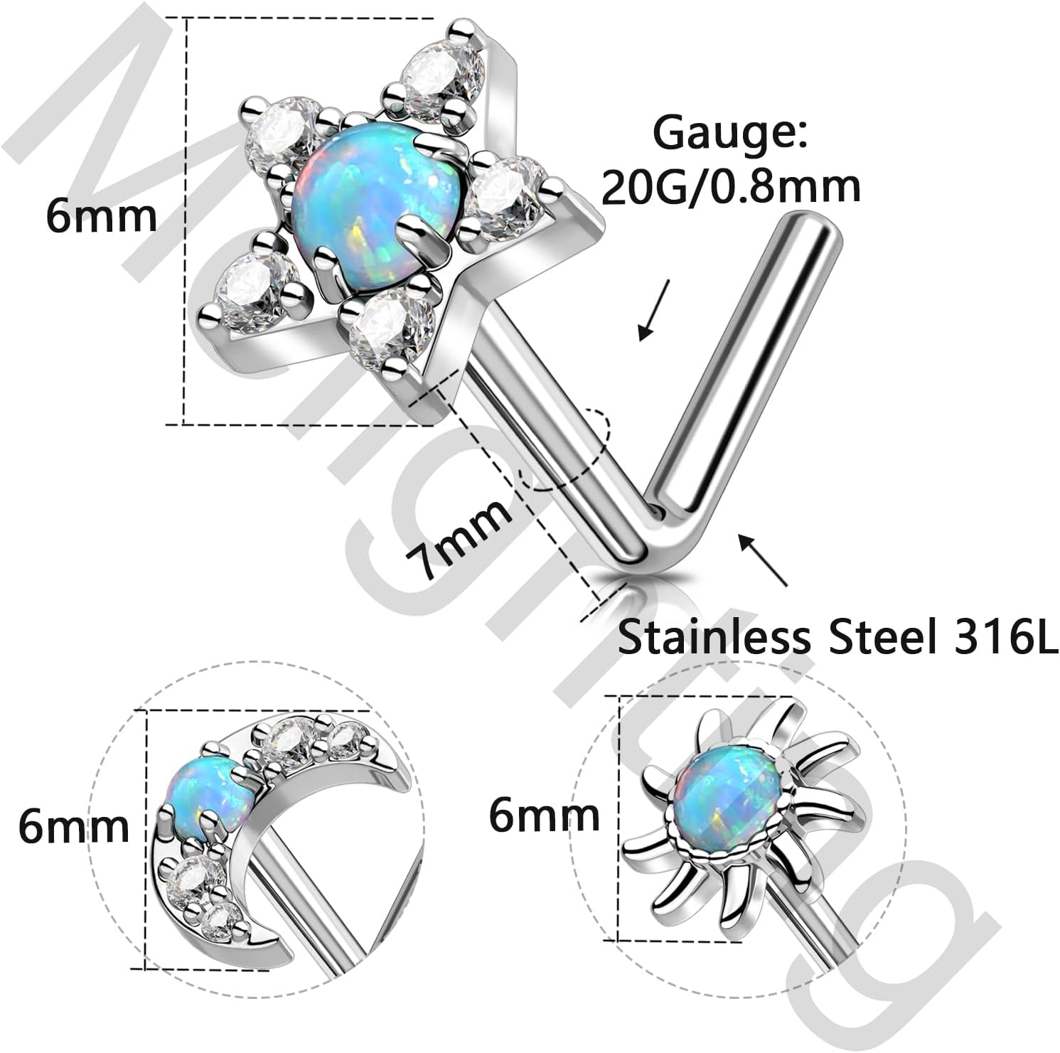MeIighting 3pcs 20G L-Shaped Nose Ring Set, 7mm Star and Moon Nose Studs, Stainless Steel 316L Nose Jewelry with White Opal and Zircon, Celestial Nose Piercing Jewelry for Women
