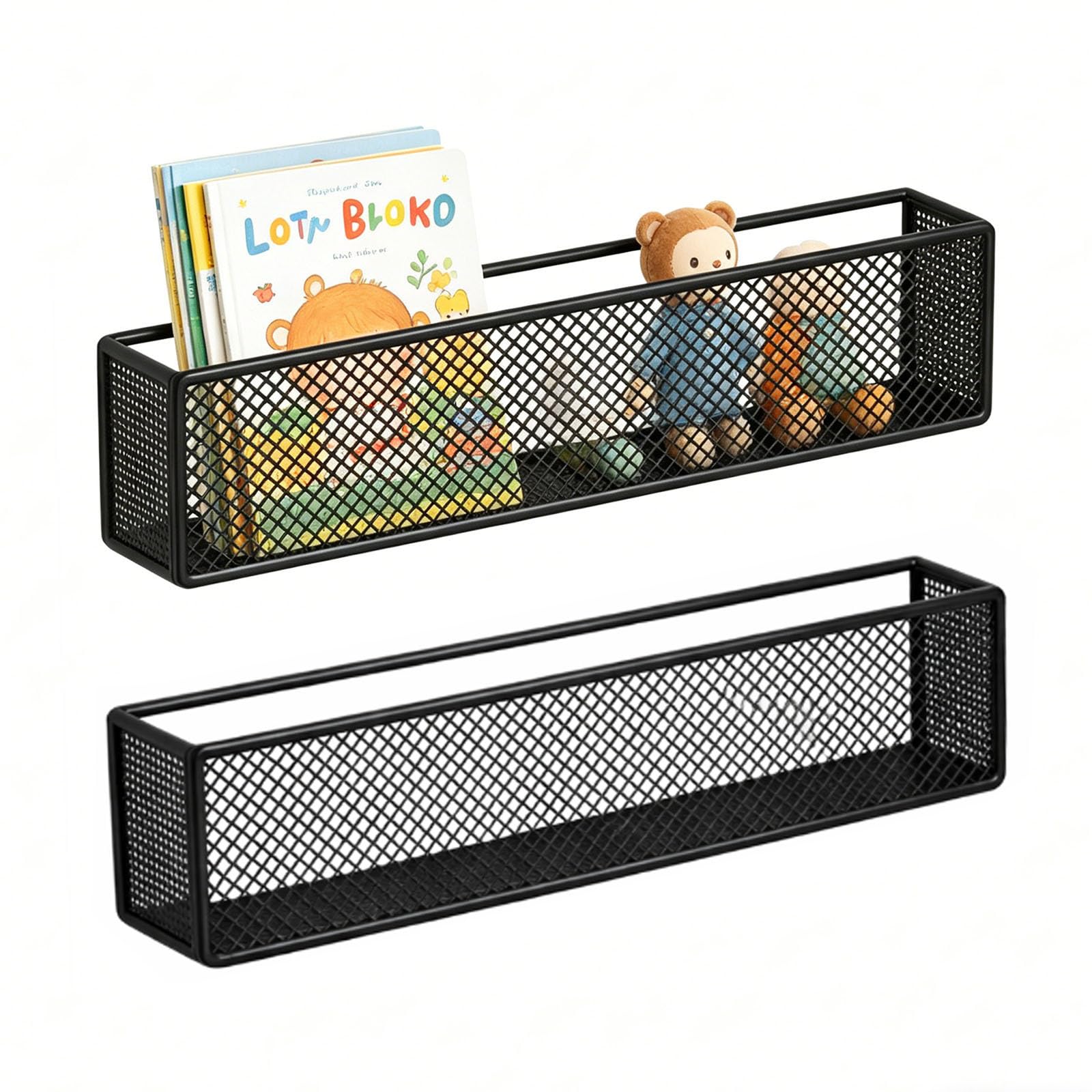 Raoletin 2 Pack Nursery Shelves Wire Wall Bookshelves Basket, Floating Narrow Shelves for Wall Mounted Black Book Shelf Kids Room, Bedroom, Nursery for Books, Toys, Photos Storage