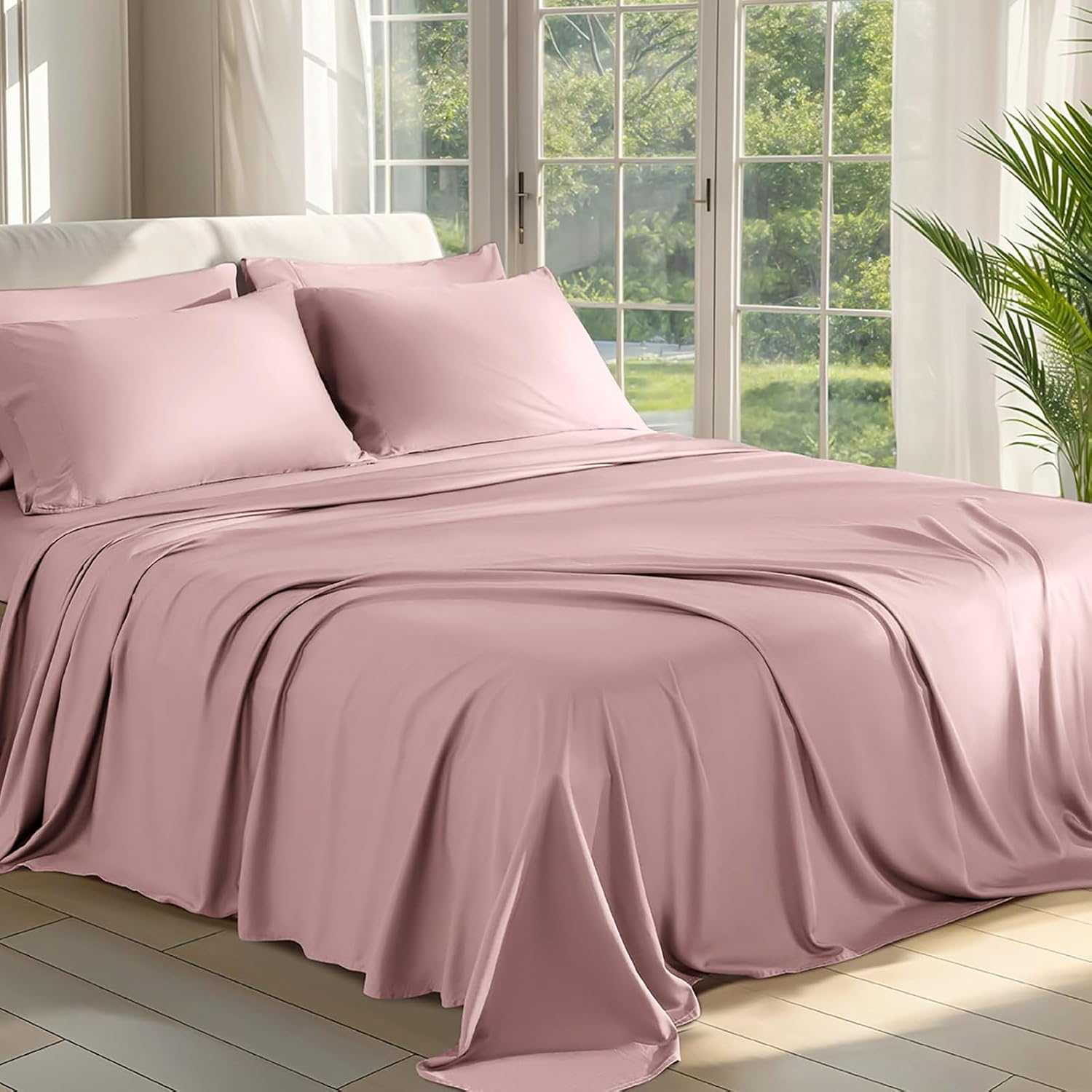 Shilucheng 100% Viscose Derived from Bamboo_ Sheets Queen Size 6pcs - Ultra Cooling & Silky Soft Bed Sheets, 16" Deep Pocket, Perfect for Hot Sleepers, Hotel Bedding Sheets (Light Pink)