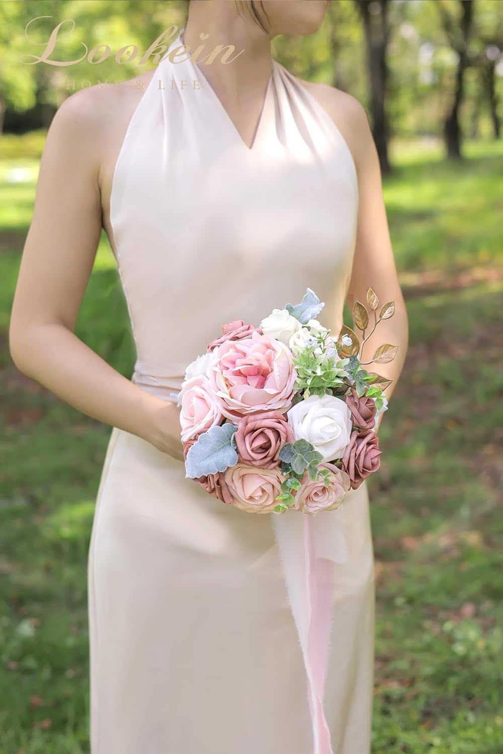 Lookein 7 Inch Flower Bouquet for Bride Artificial Flowers Bouquet Bridesmaid Bouquet Bridal Bouquet Tossing Bouquet for Wedding Ceremony Anniversary, French Dusty Rose