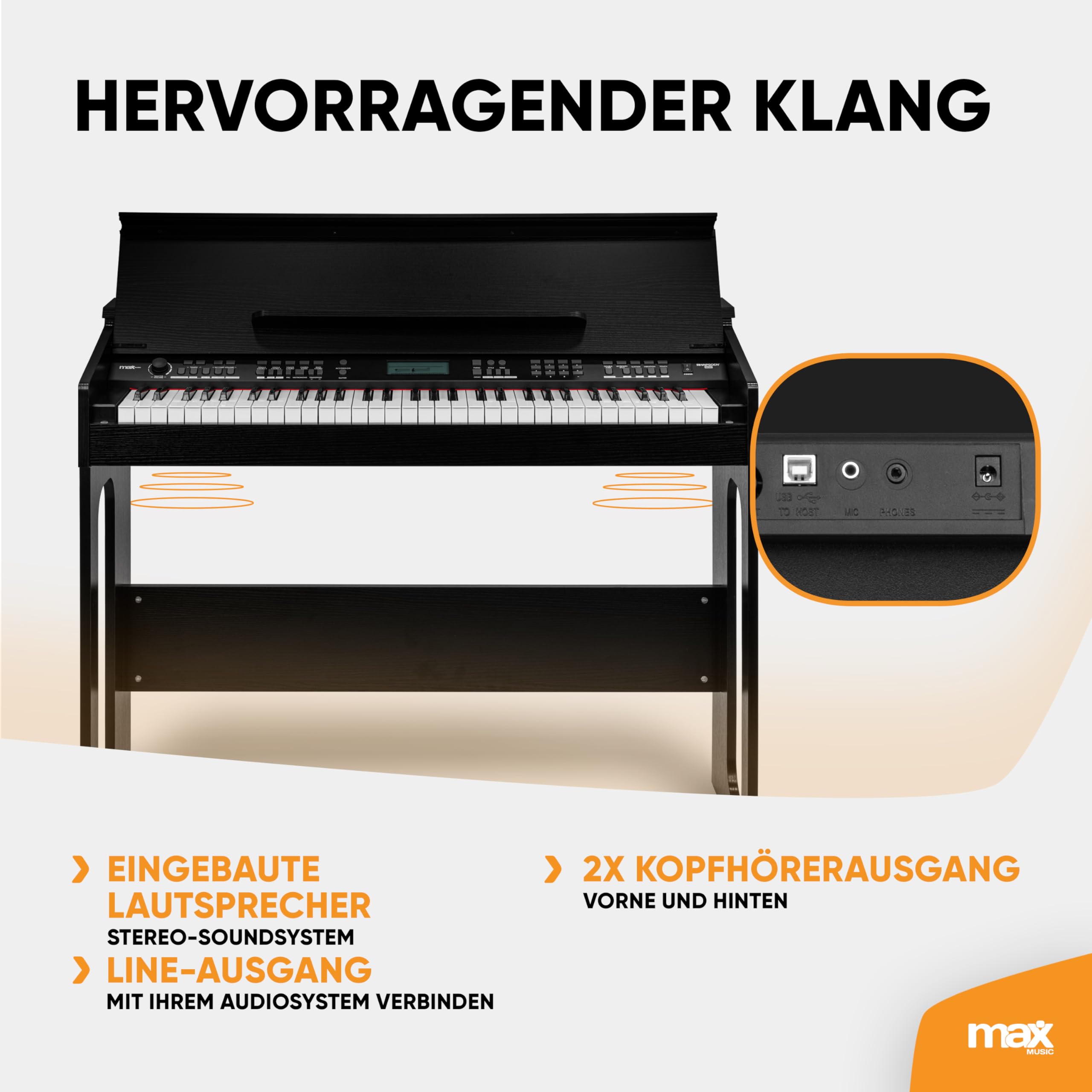 RhapsodyDP61 - Digitales E Piano Keyboard mit 61 Tasten, Keyboard mit Anschlagdynamik, Klavier-Möbel Ständer, 300 Sounds und Rhythmen, 80 Demos, Effekt Akkorde, USB, MIDI, Sustain Anschluss