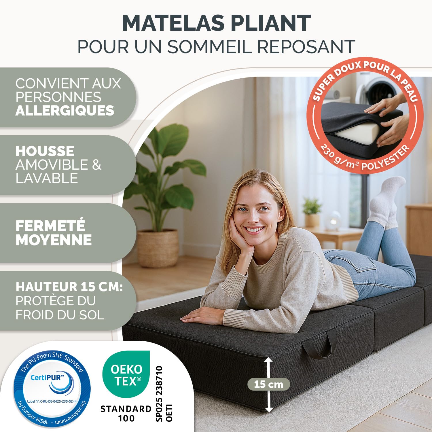 Blumtal Matelas Pliable 200x120x15 cm – Matelas de Sol en 3 Parties, Épais 15 cm, Lit d’Appoint 1 Personne en Mousse avec Housse, Confort Doux, Anthracite