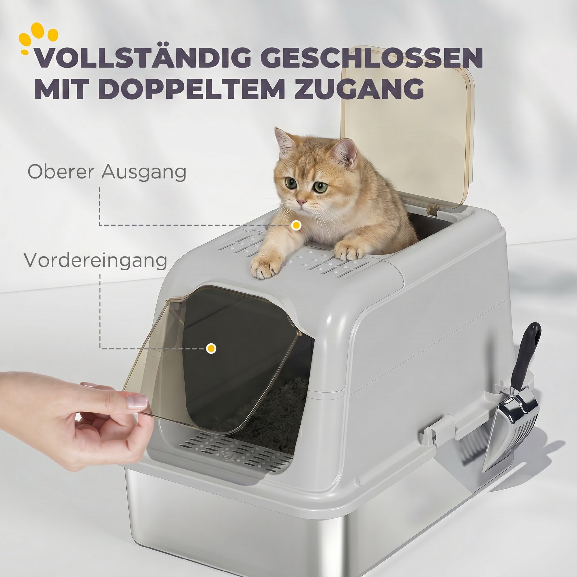 PawHut Katzenklo mit Deckel für Katzen bis 8 kg 60,4x40,4x41,8 cm Hellgrau | Edelstahl, Katzentoilette mit Haube, Schaufel, Deodorierungsbeutel, Doppelgänge Katzentoilette