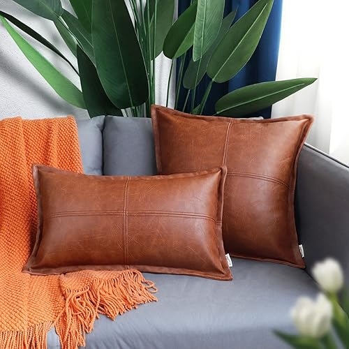 Miniatura 3 de BRAWARM Funda de almohada de cuero coñac 12 X 20 pulgadas, funda de almohada de cuero sintético con ribete, funda de almohada decorativa lumbar de