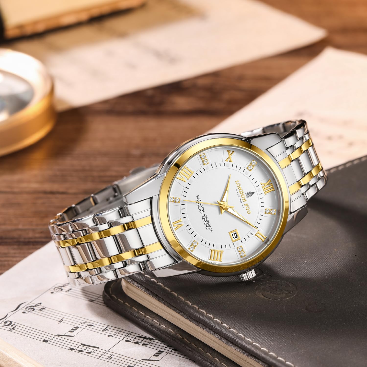 London Fog Regent Collection Analog Quartz Watch for Men with White Dial and Two Tone Silver Gold Stainless Steel Strap, Metal Case, Date Display, Luminous Hands & Hour Markers, Water Resistant 2