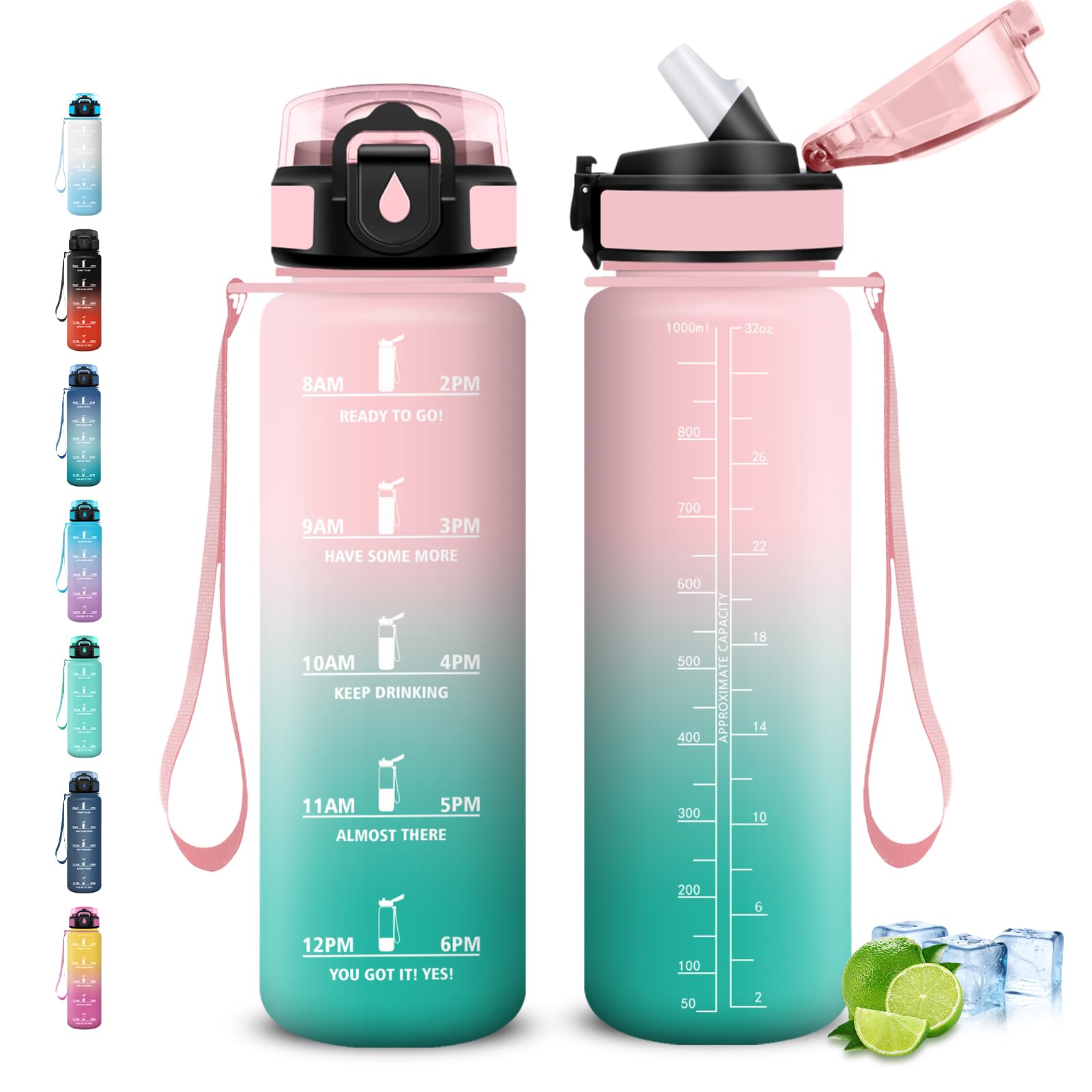 Grsta Trinkflasche- 1l- Trinkflasche mit Strohhalm, Wasserflasche mit Zeitmarkierung, Wasserflasche für Kohlensäurehaltige Getränke, Leicht zu Reinige, Flasche für Fitness, Schule, Camping, Wandern
