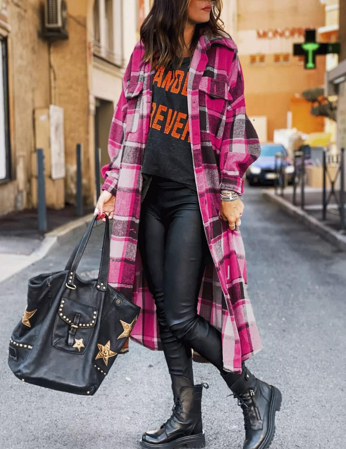 SKIKYAN Women Fall Flannel Plaid Shacket Jacket Oversized Button Down Long Shirt Jacket - Image 2