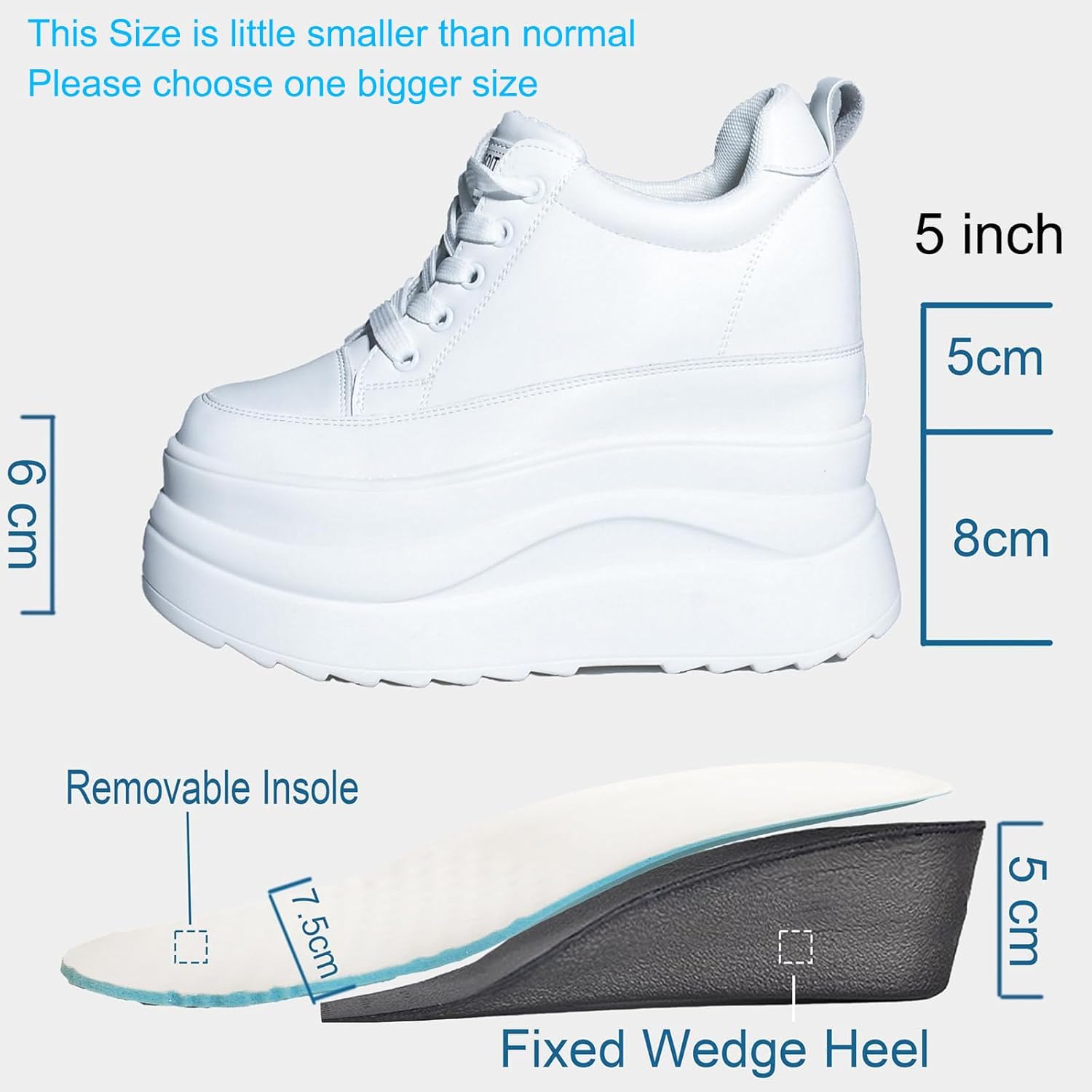 5 inch Black White Platform Sneakers for Women- 8cm Chunky Sole 5cm Hidden Wedge He... - Image 4