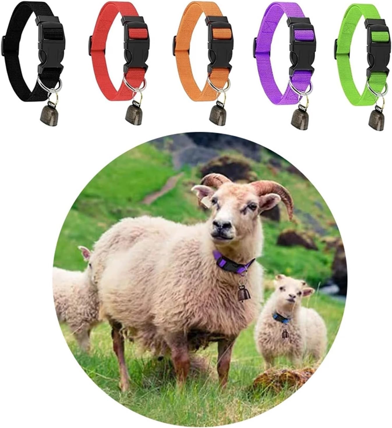 5pcs Goat Collars with Bells, Adjustable Nylon Collar Set, Horse Sheep Cow Grazing Copper Bells Pet Anti-Lost Bronze Bell for Animal(Multi-Colored)