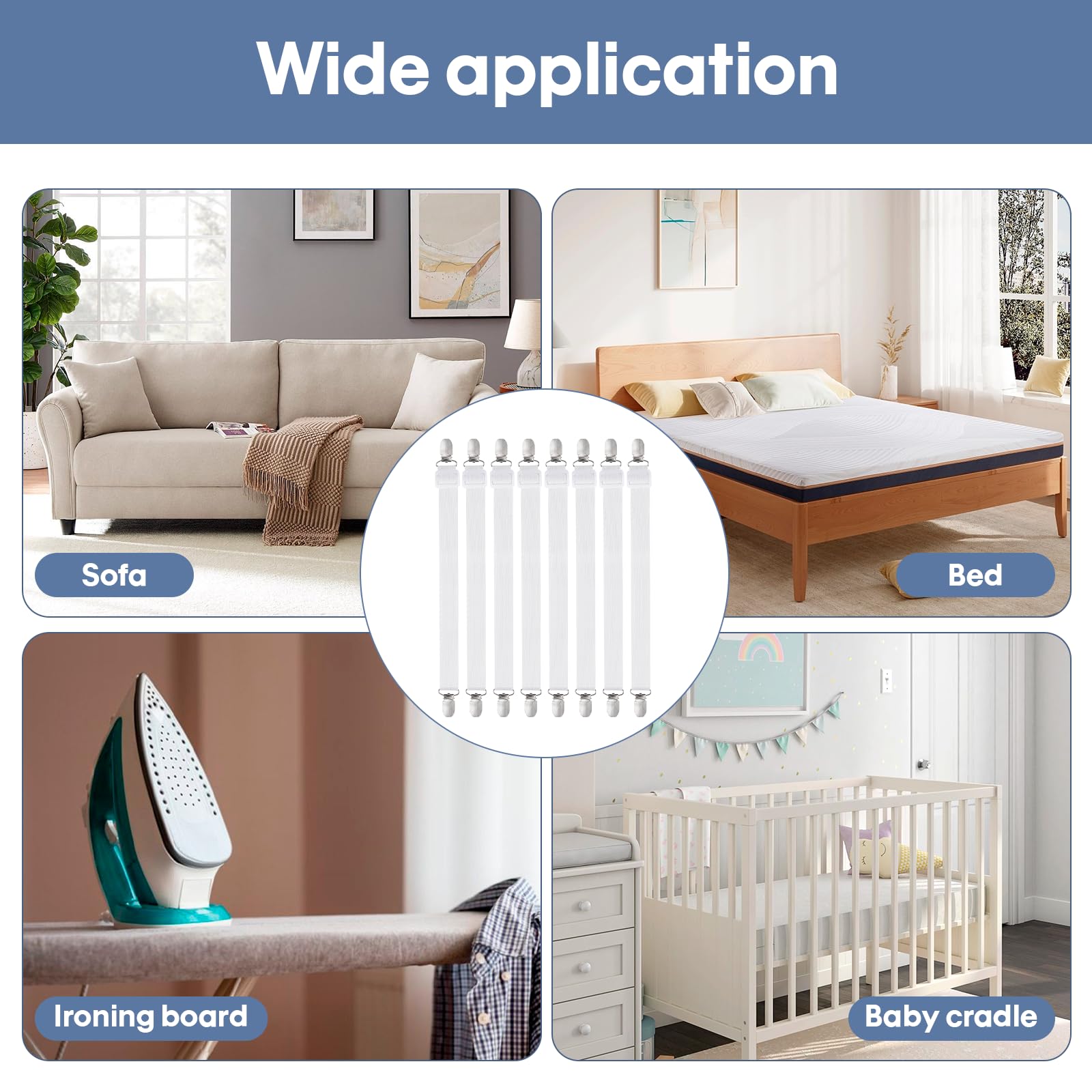 Carehabi 8 Piezas Sujetadores para Sábanas, Sujetadores de Hojas, Ajustables Elásticos Correas Cama Clips para Sábanas o Sofás, Blanco (Extender 30-120 cm)