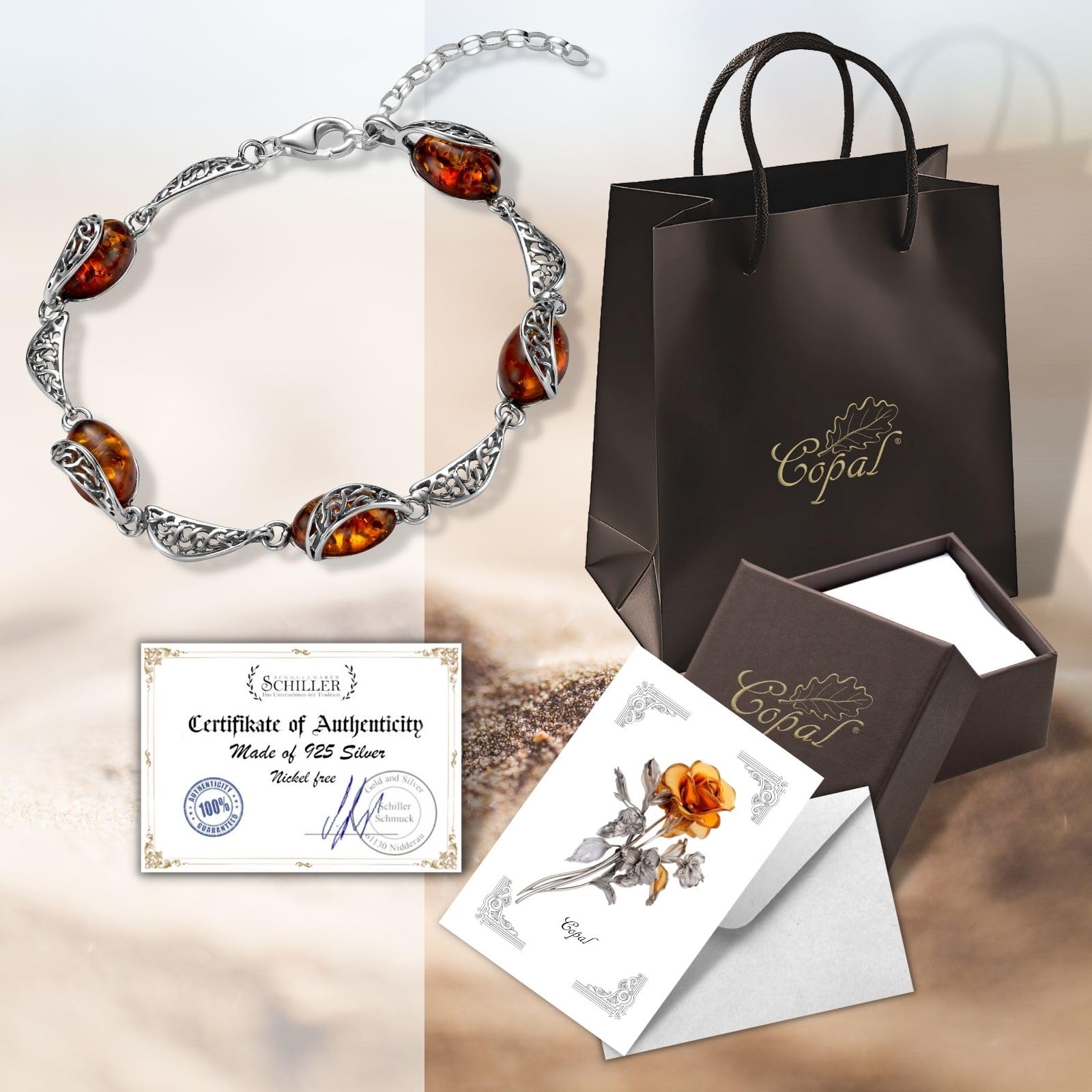 Copal Armband Damen Bernstein Silber 925 Geschenkset Tasche Karte Etui Verstellbar Armkette Valentinstag Muttertag Geburtstags Weihnachten Geschenk für Sie Frauen Freundin Mama