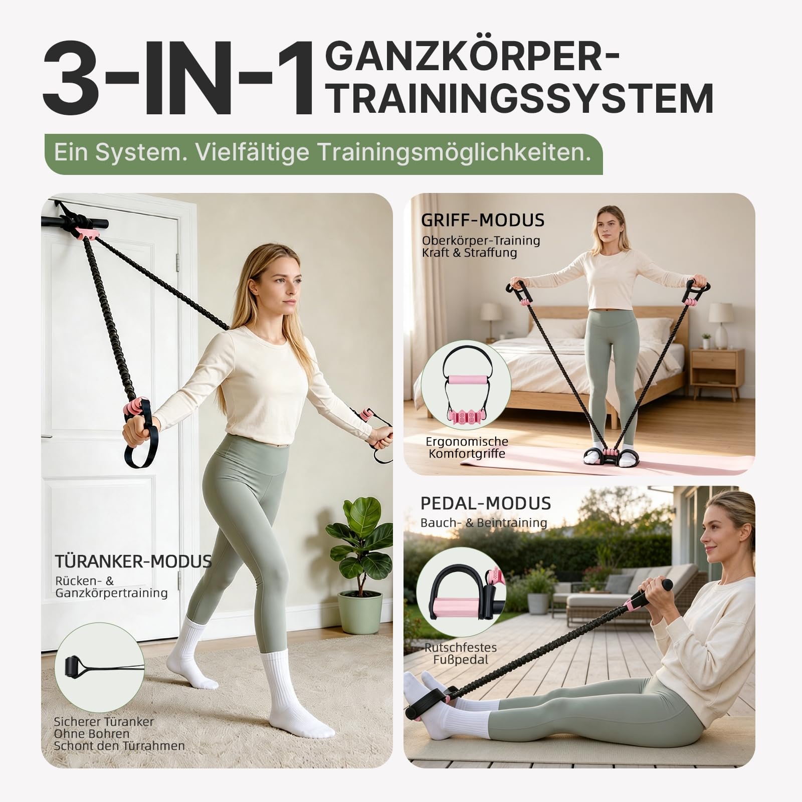 Pedal Widerstandsband mit Griff & Video-Guide | 20–60 kg einstellbar, 3 Bänder | für Bauch, Beine, Po & Reha-Training zuhause