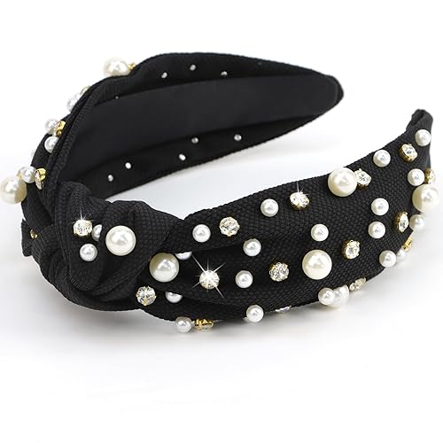 Jaciya Diadema de perlas negras para niñas y mujeres, diadema de diamantes de imitación, diadema ancha anudada para mujer, diadema con cuentas, nudo