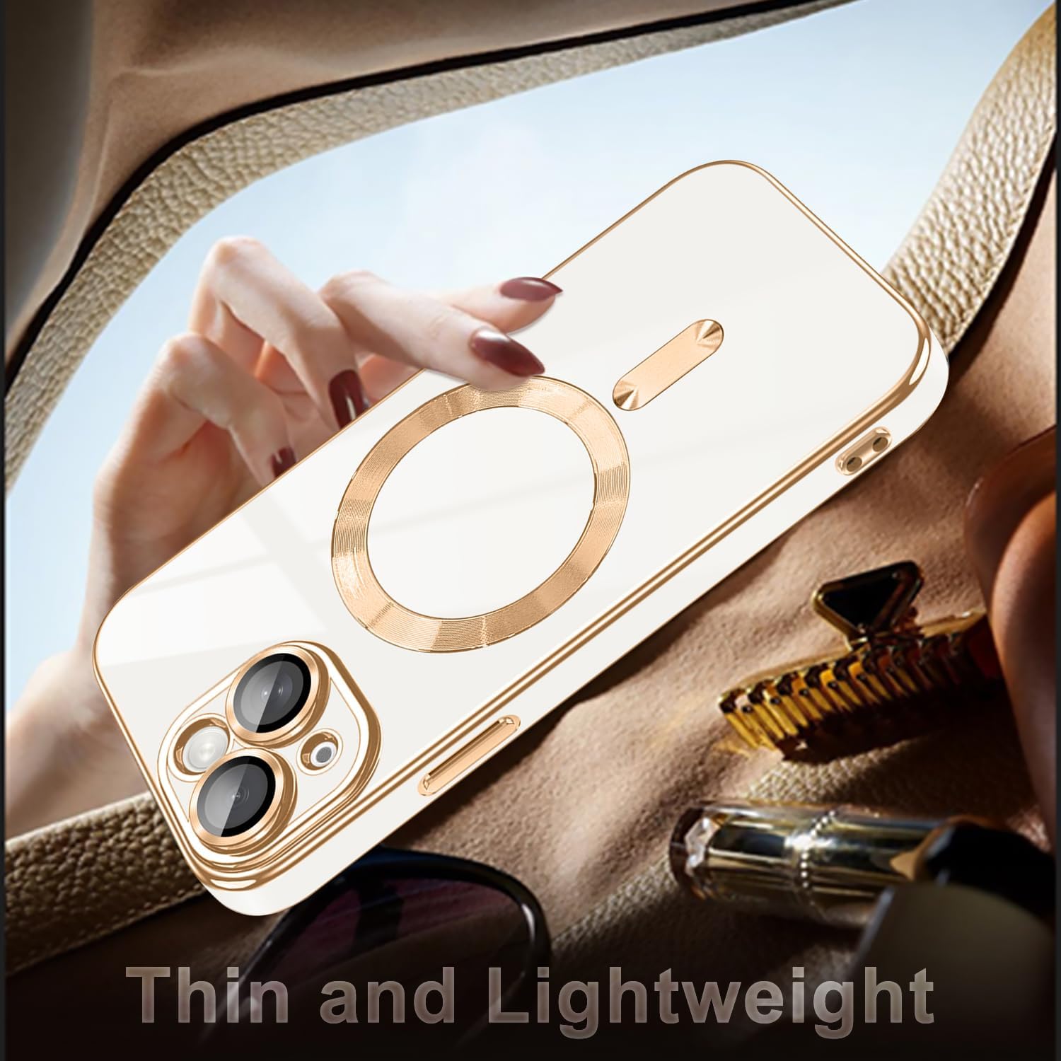 Dinick Designed for iPhone 15 Case with Magnetic [Built-in Camera Cover] Compatible with MagSafe Soft TPU Glitter Cover Anti-Scratch Protective Slim for iPhone 15 Case White and Gold - Image 6