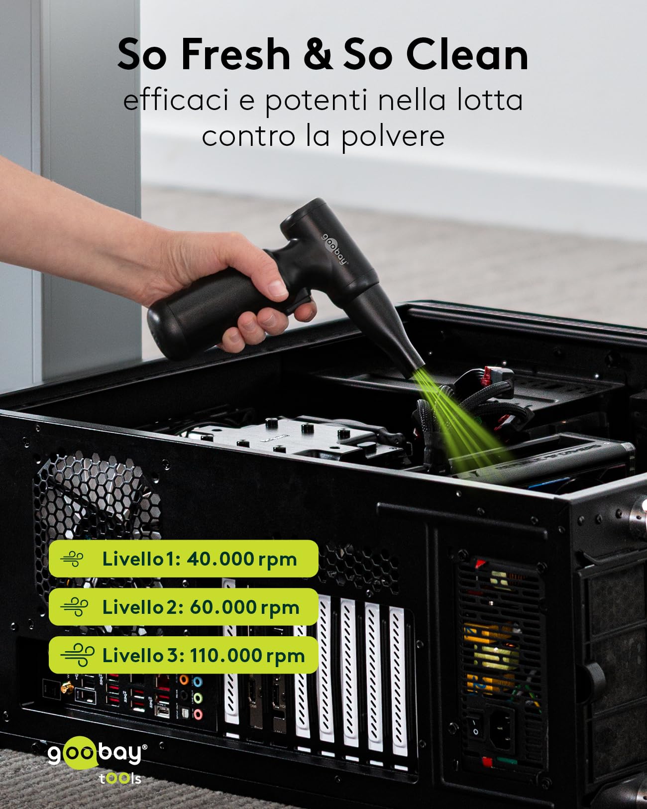 goobay soffiatore per polvere Advanced con 3 livelli, batteria da 6.000 mAh, 110.000 giri/min, fino a 80 minuti di autonomia, incl. 8 accessori per rimuovere la polvere da tastiere, PC, 77830