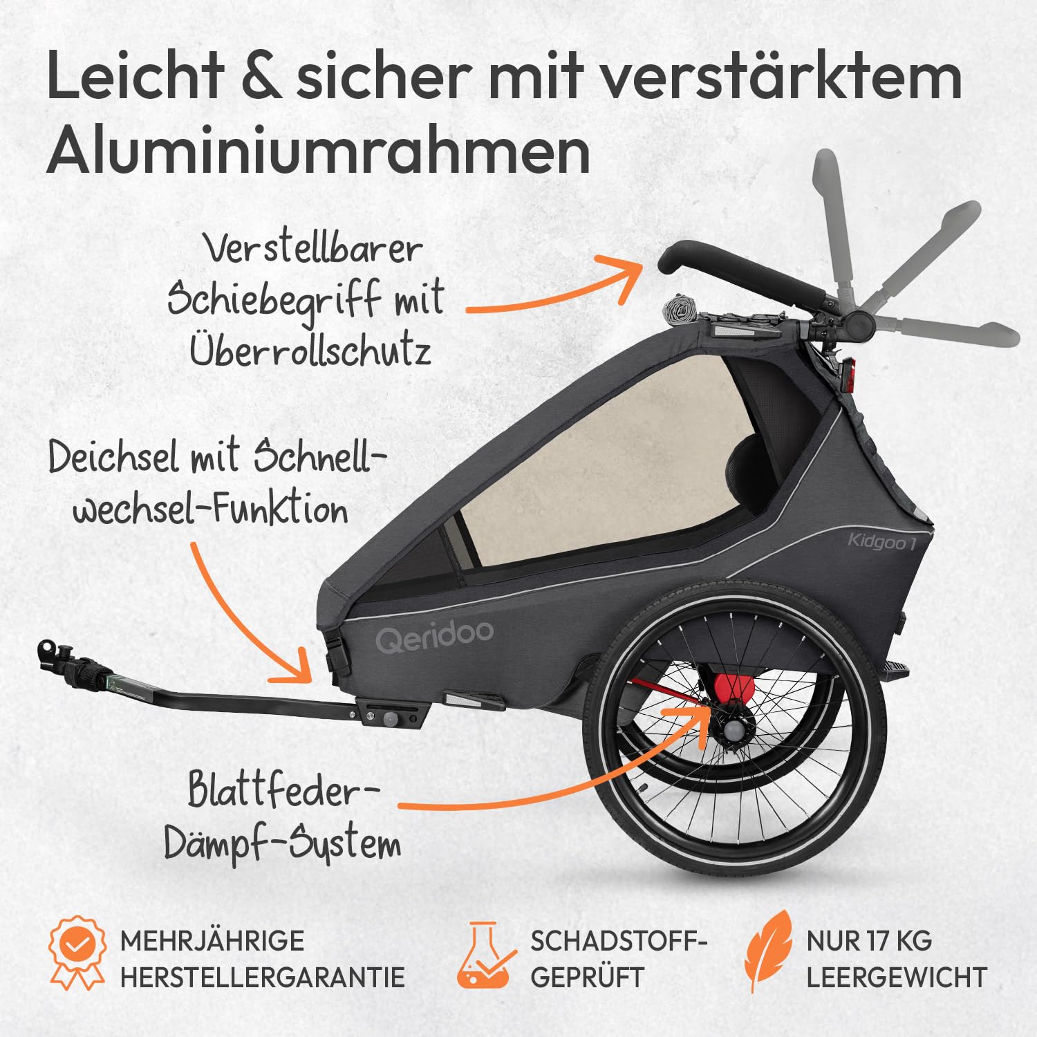 Qeridoo Kidgoo 1 Steel Grey Fahrradanhänger 1 Kind mit Federung & Easy ARS klappbar Kinderbuggy 38L