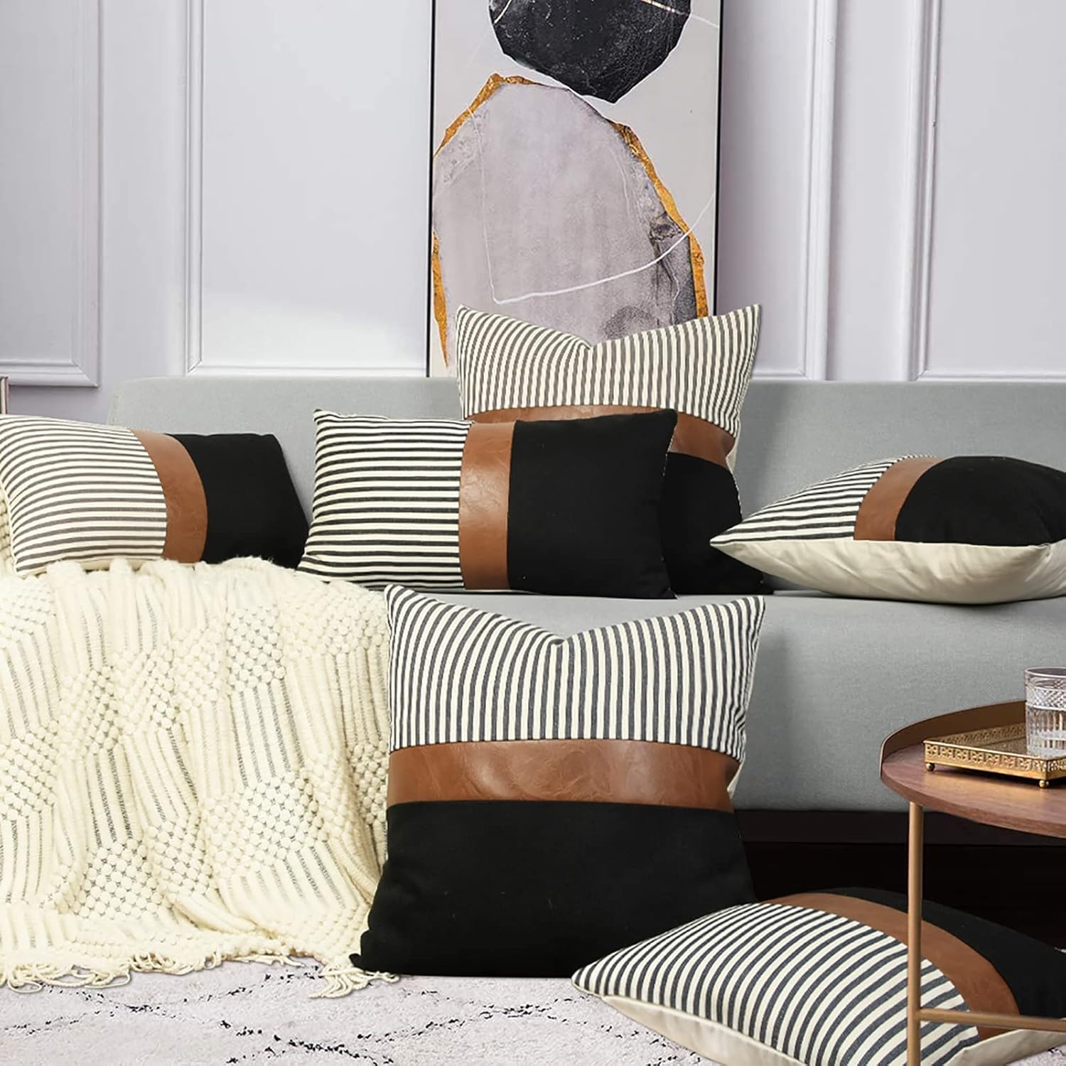 cygnus 24x24 Pillow Covers Set of 2 -Boho Rustic Farmhouse Decorative Throw Pillow Covers for Couch Sofa Bedroom Livingroom,Black Linen Patchwork Faux Leather Couch Covers,Grey