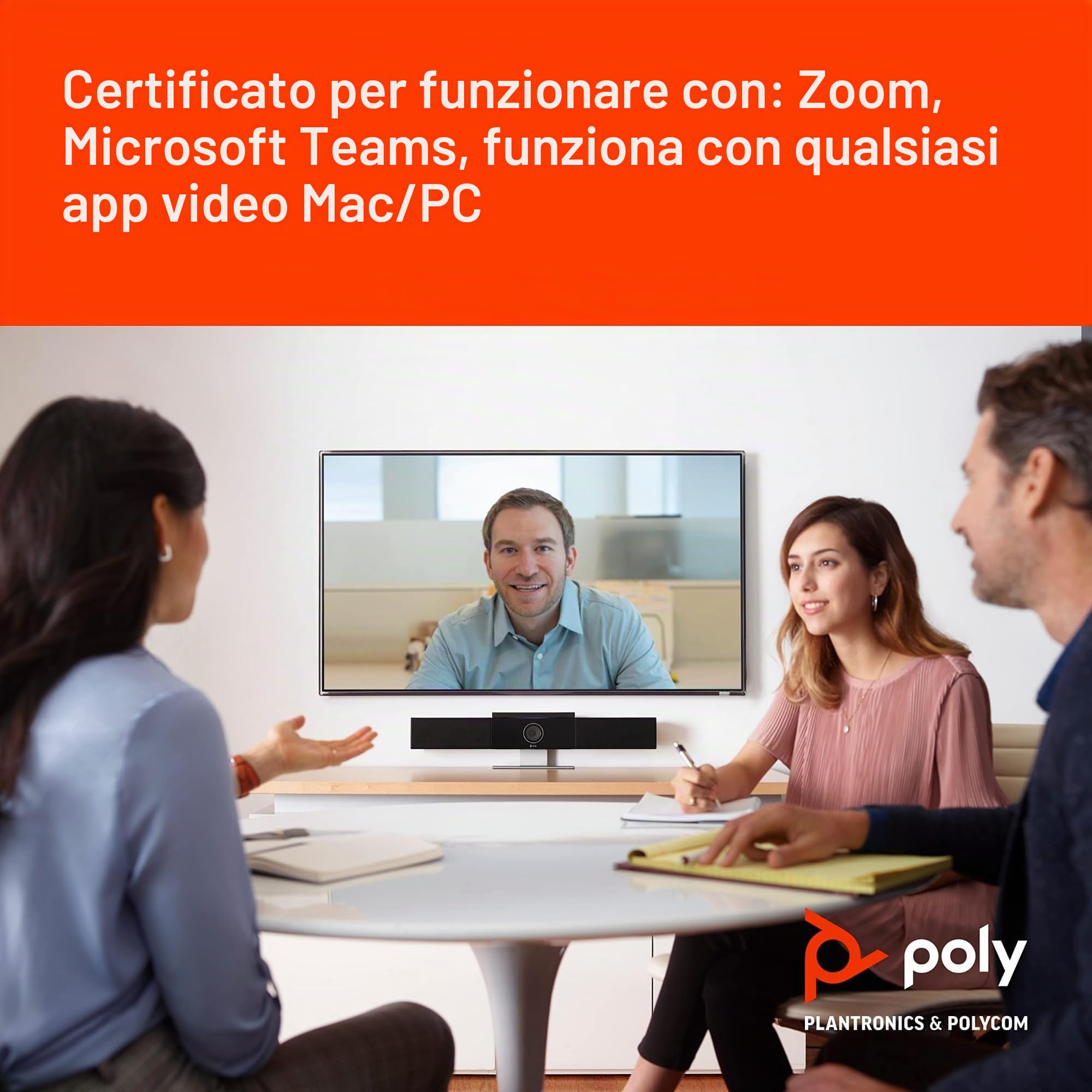 Poly Studio, Barra Video USB, Riduzione dei Rumori, Raggio di Azione del Microfono fino a 4,6 m, Campo Visivo di 120°, Altoparlanti Stereo ad Alta Fedeltà, Videocamera Intelligente 4K, Nera