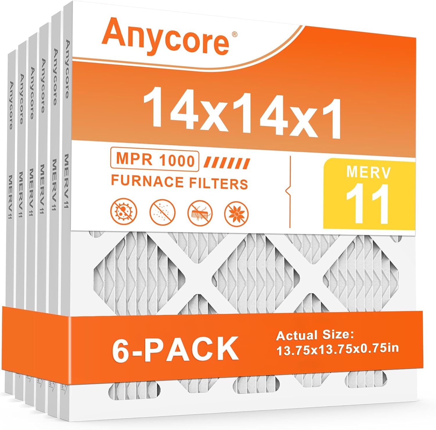14x14x1 Air Filter 6 Pack MERV 11 AC HVAC Furnace Pleated Air Filters for Home Office MPR 1000 FPR 7 (Actual Size: 13.75x13.75x0.75 inch)