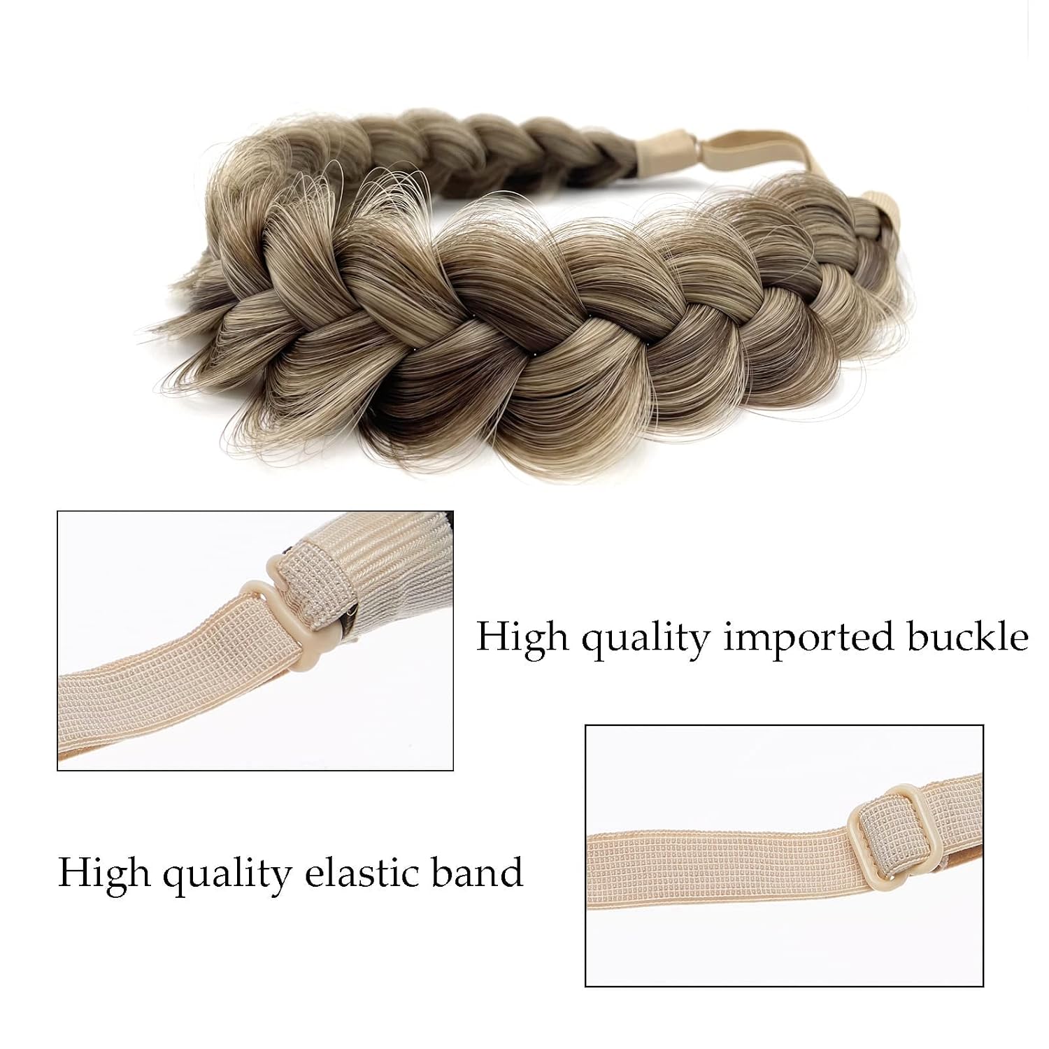 Braid Headband 2 Strands Messy Classic Chunky Plaited Wide Braids Elastic Stretch Quality Synthetic Braided Headband Women Girl Bohemian Hair Braid 65g (Gray Brown) image 3