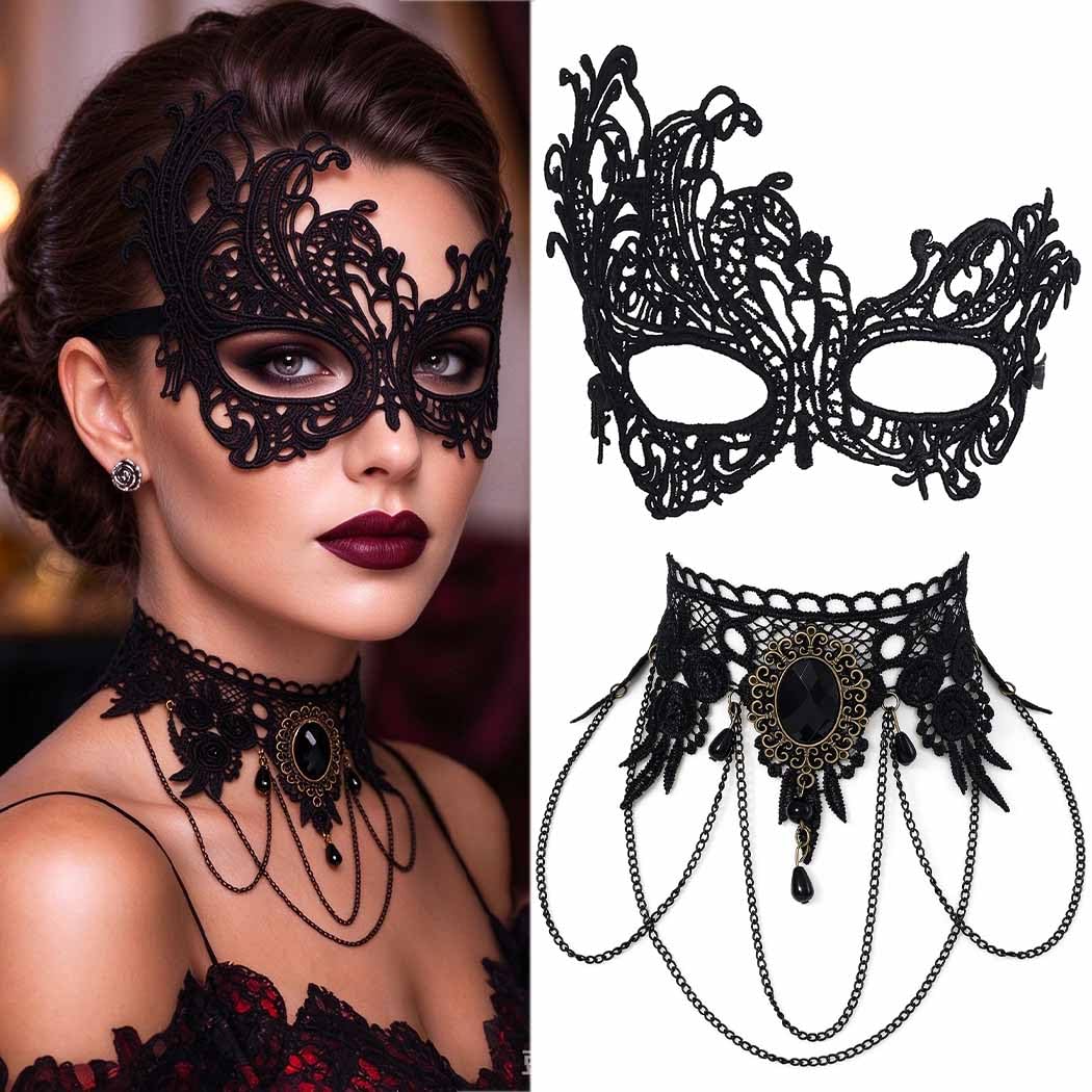 Fashband Lace Masks Set Black Gothic Mask Necklace Sets Masquerade Halloween Costume Carnival Accessory for Women