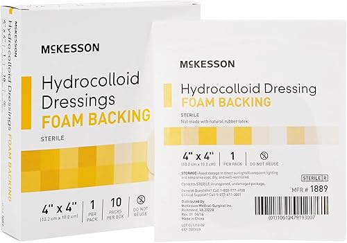 McKesson Apósitos hidrocoloides con respaldo de espuma, estériles, 4 x 4 pulgadas, 10 unidades, 10 paquetes, 100 en total