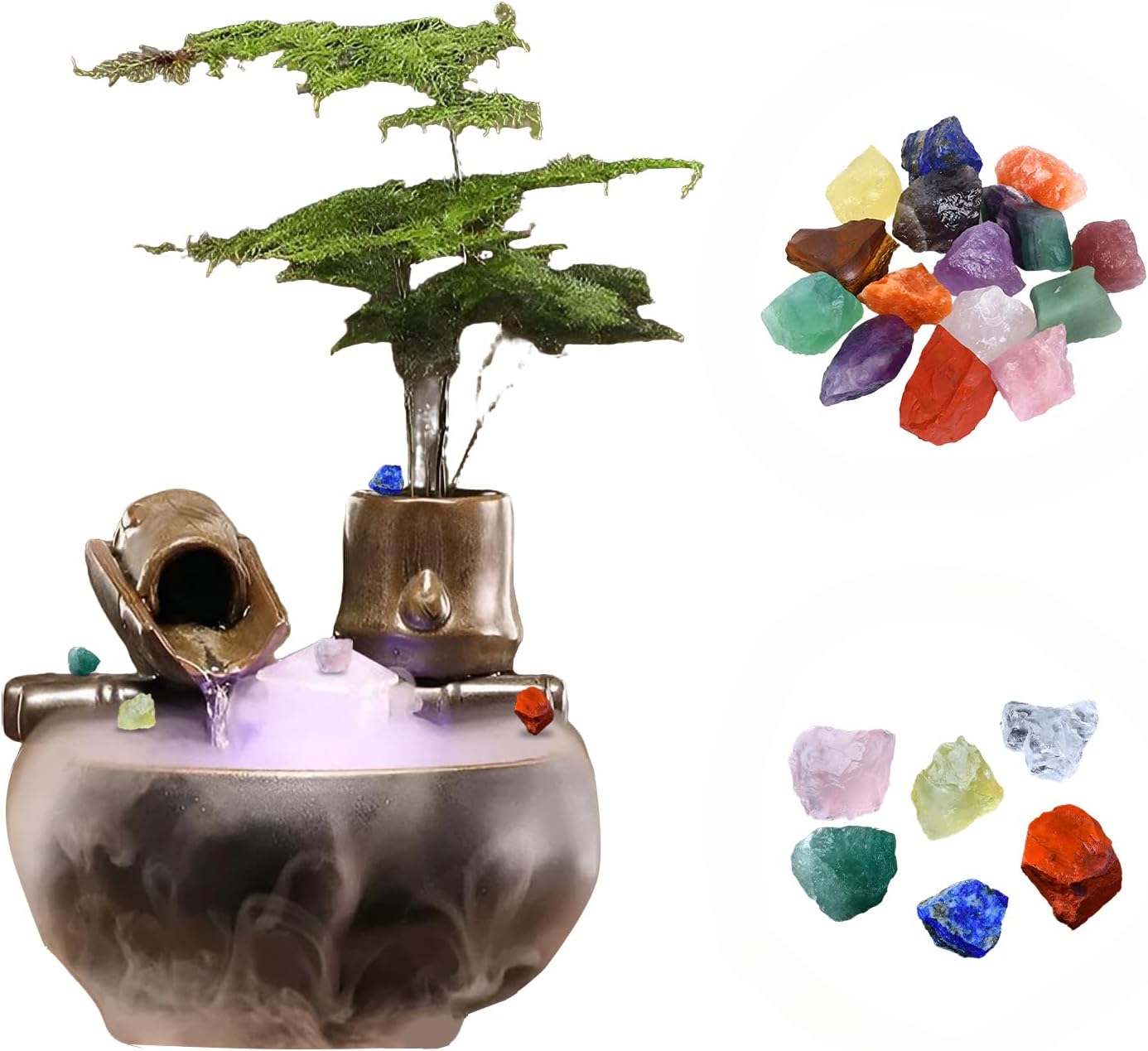 6.69 Inch Tabletop Fountain & Ceramic Recirculating Water+Fish Keeper-Suitable for Indoor Decoration&Fortune & Sleeping+Free 5PCS Natural Crystals (Non-atomized)(Atomized)