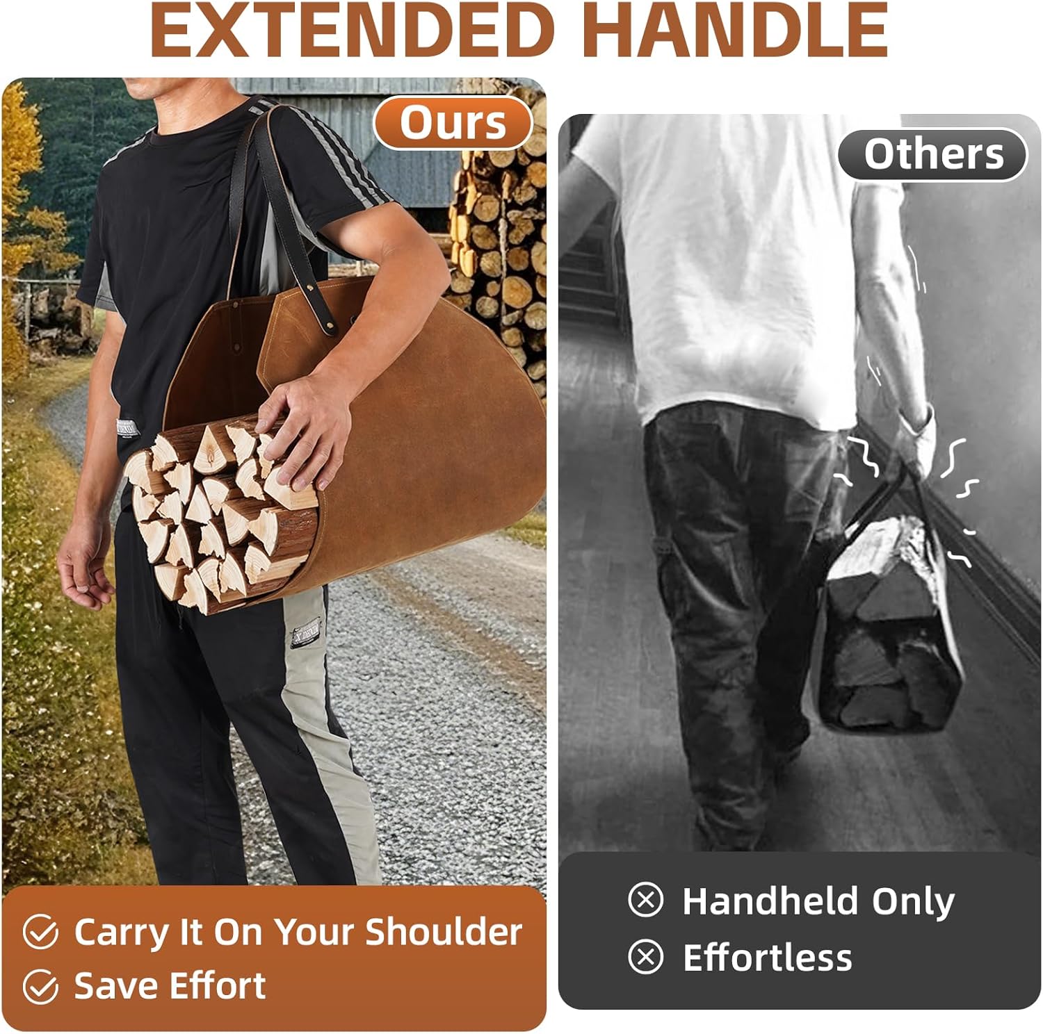 Firewood Carrier with Real Leather Handles, Log Carrier for Firewood Waxed Canvas, 38.4x17.3inch Wood Carrier for Fireplace, Water Resistant Firewood Tote Bag for Stove, Outdoor Camping - Rust - Image 6