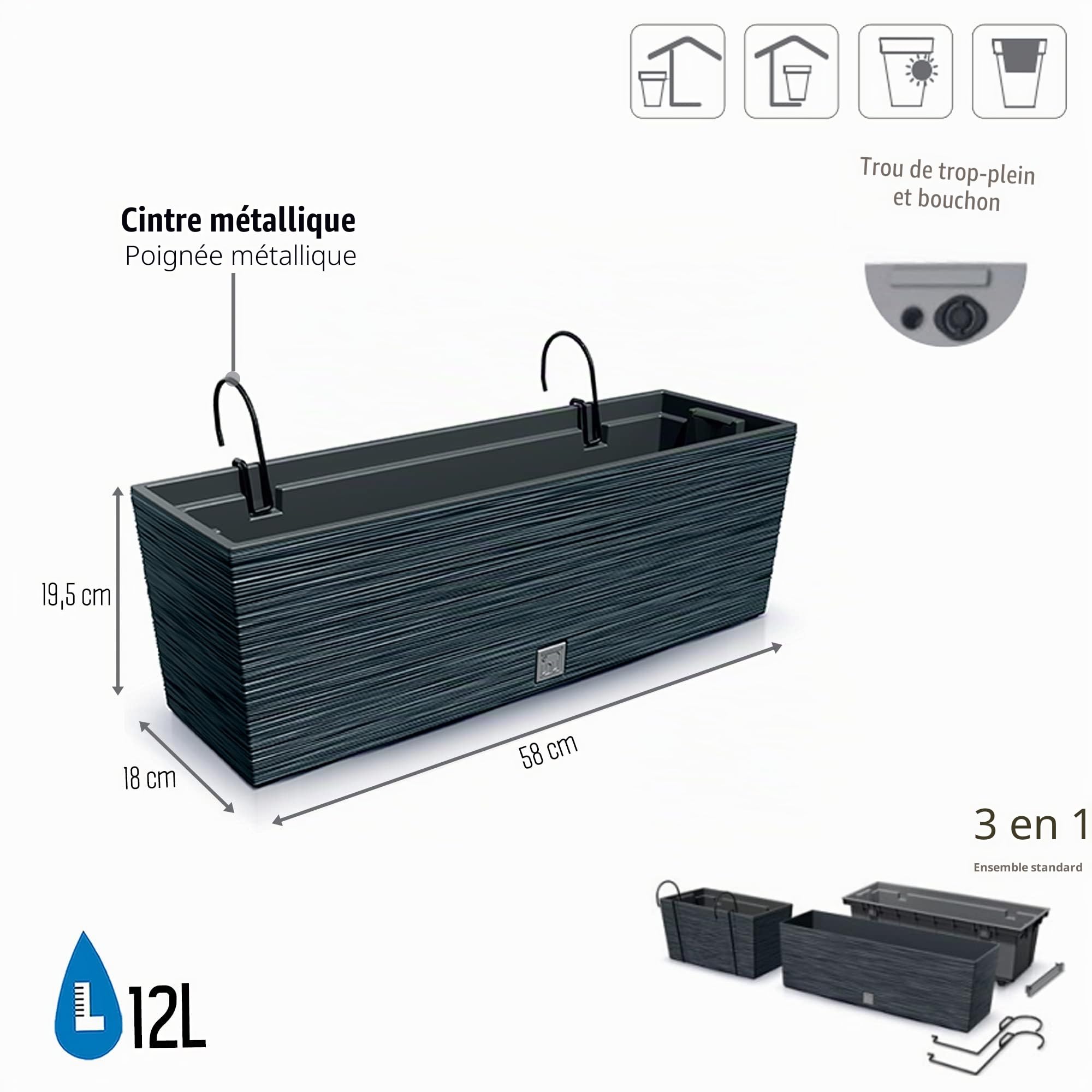Pot de fleurs avec reserve d´eau, supports de fixation 12L anthracite- FURU
