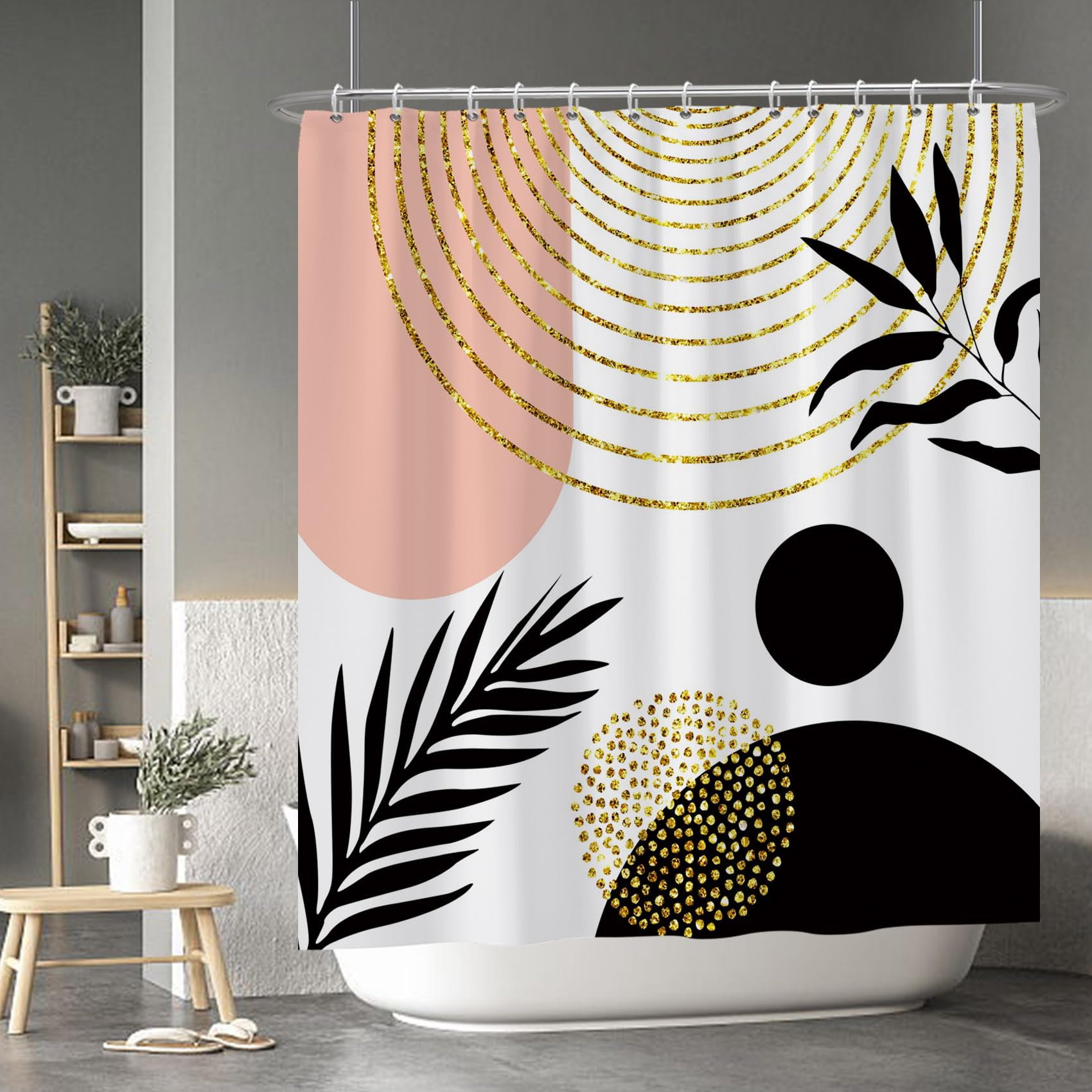 Baocicco Mid Century Shower Curtain Boho Sun Plant Leaves Modern Abstract Gold Geometric Shower Curtains for Bathroom Bathtubs Waterproof Fabric
