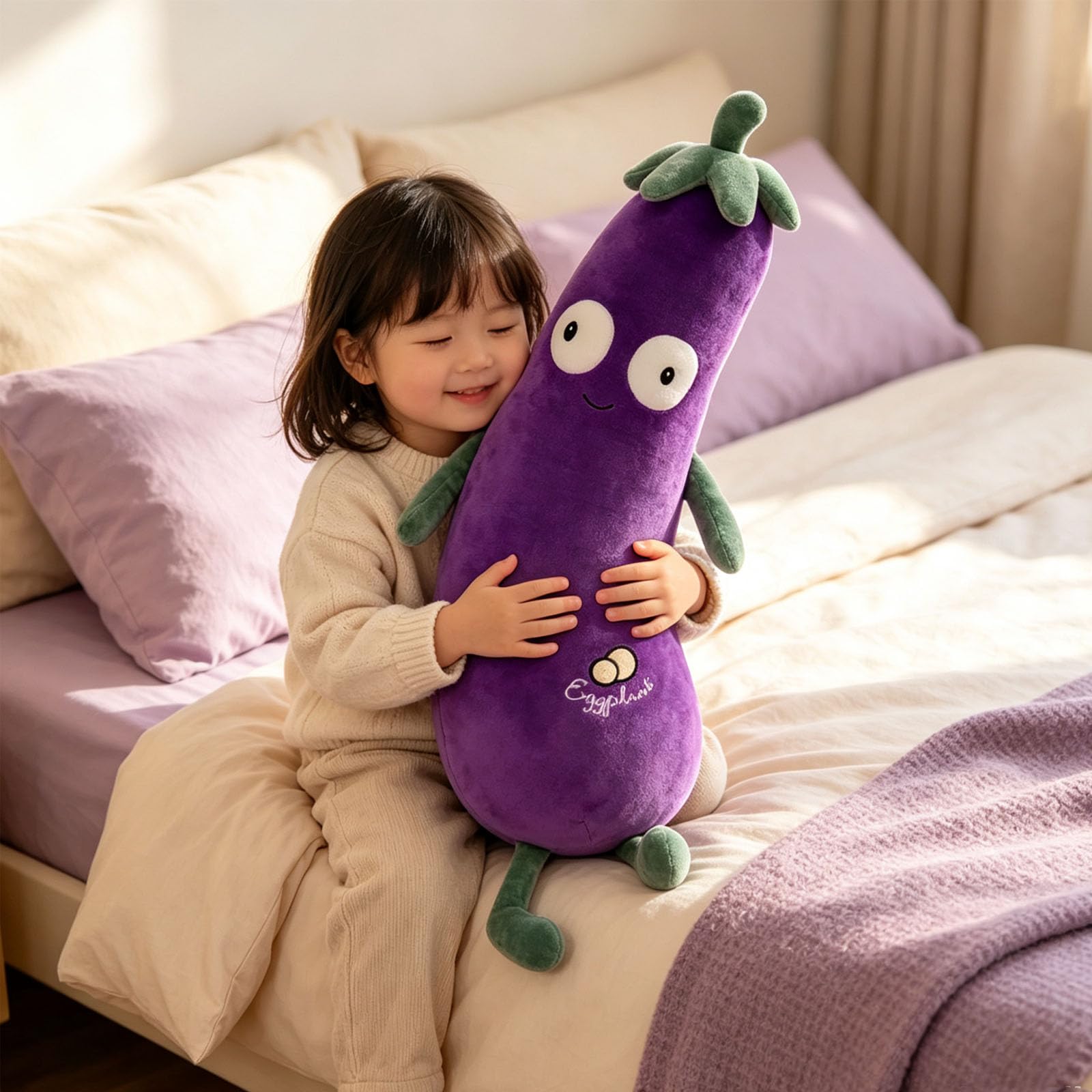 Plüschtier Aubergine, weiches Kuscheltier als Kissen, Nackenrolle & Sofadeko, Kinder und Erwachsene (110cm)
